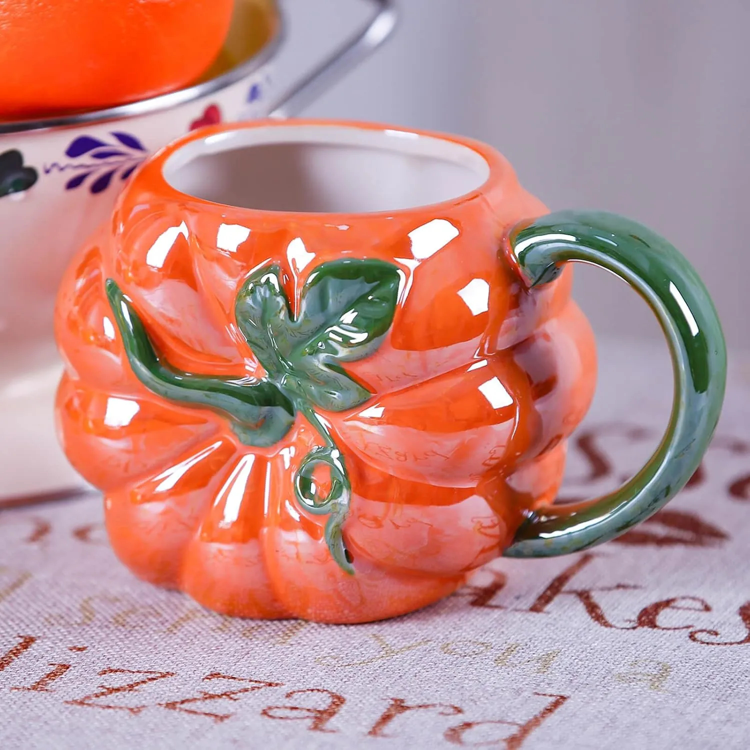 Ceramic Mug for Home & Office, Creative Porcelain 3D Cup with Handle for Coffee, Tea, Juice, Milk & Water, 16.5oz. Pumpkin Shape Mug Gift, 3.7" H