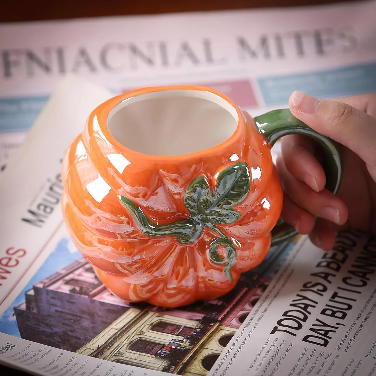 Ceramic Mug for Home & Office, Creative Porcelain 3D Cup with Handle for Coffee, Tea, Juice, Milk & Water, 16.5oz. Pumpkin Shape Mug Gift, 3.7" H