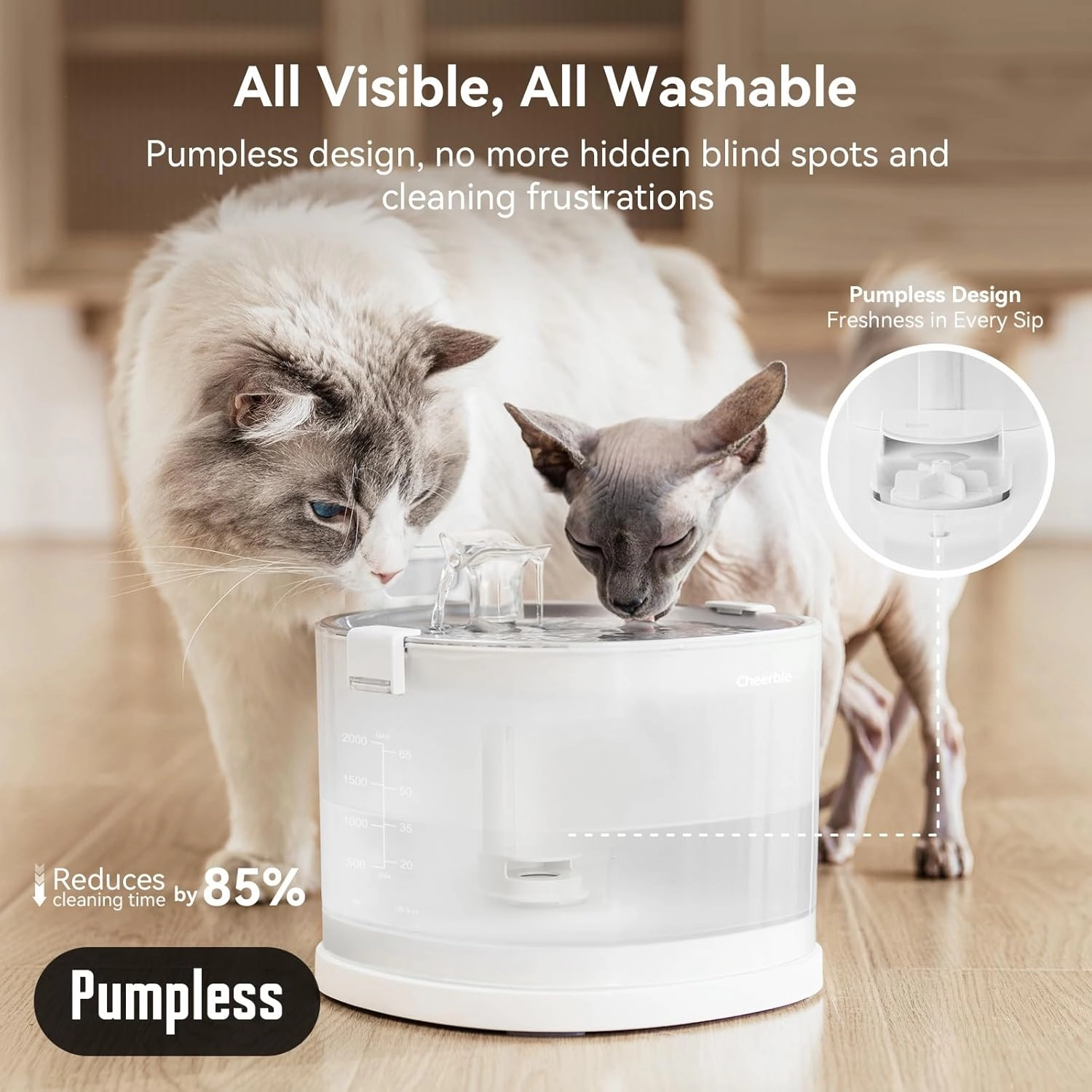 Cheerble Pumpless Cat Water Elfin Fountain, Wireless Pet Fountain Battery Operated, 2L/67oz E1  Automatic Water Dispenser Cats & Dogs MagDrive™ Technology Stainless Steel Tray, No Cleaning Hassle
