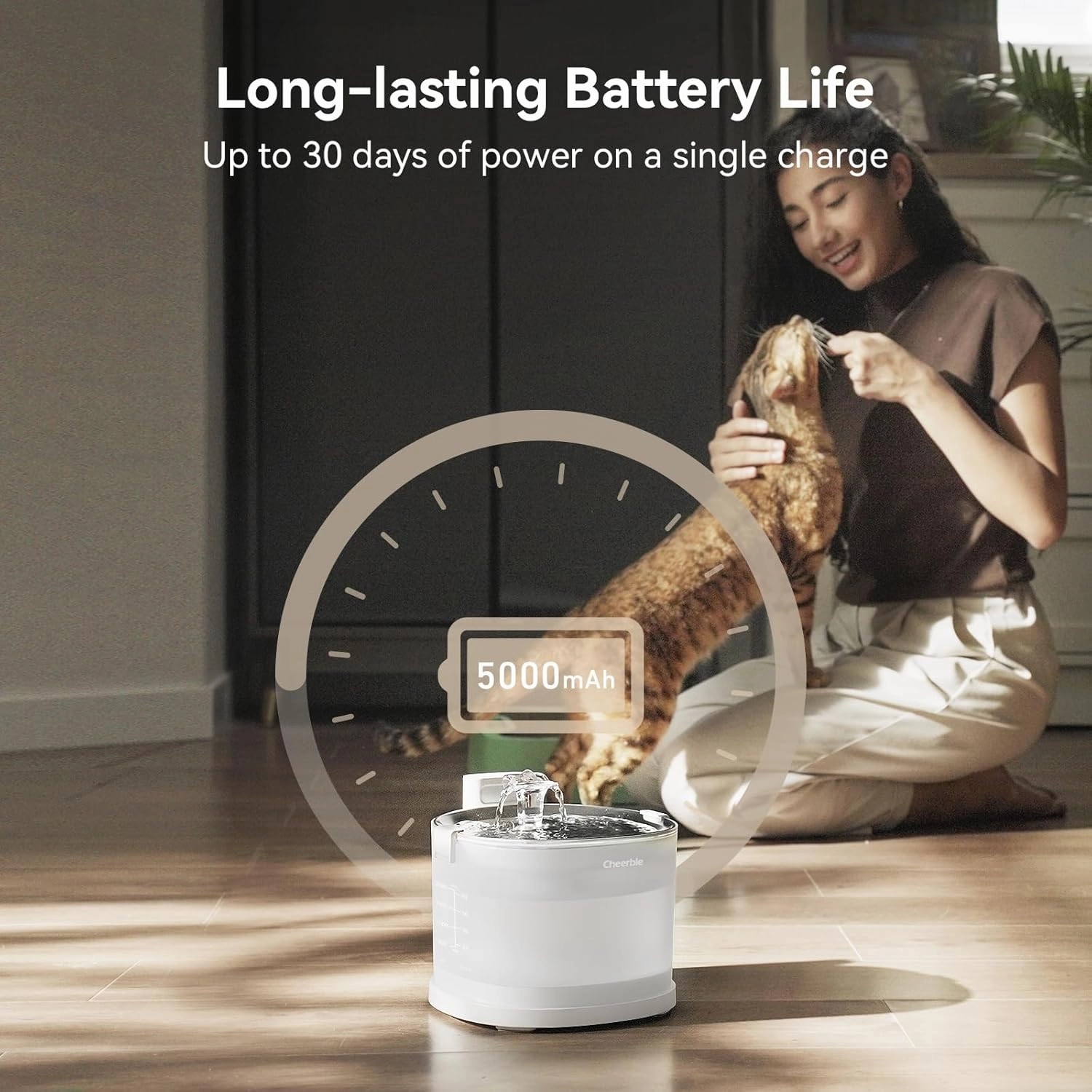 Cheerble Pumpless Cat Water Elfin Fountain, Wireless Pet Fountain Battery Operated, 2L/67oz E1  Automatic Water Dispenser Cats & Dogs MagDrive™ Technology Stainless Steel Tray, No Cleaning Hassle