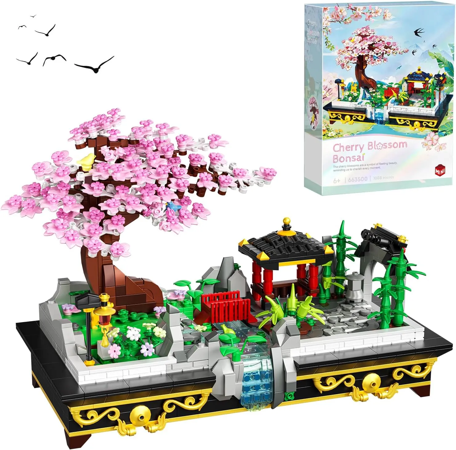 Cherry Blossom Tree Building Set Japanese Sakura Bonsai Block, Flowers House Mini Bricks Building Kit, Home Office Decoration, Creative Toys Gift for Adults Teens Children Kids 8 , 1008 pcs