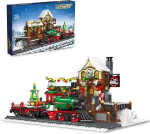 Christmas Train Stations Building Blocks - Christmas Snow House Building Sets Collectible Play Model Kits - with 5 Led Light Building Bricks Party Favor for Kids（1362pcs）