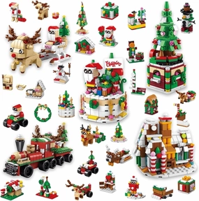 Christmas Advent Calendar Mini Building Set, 35 in 1 Xmas Ornaments Santa Claus Tree Train House Reindeer Sleigh Playset，1523 Pieces Christmas Creative Gifts for Adults Kids Girls Boys