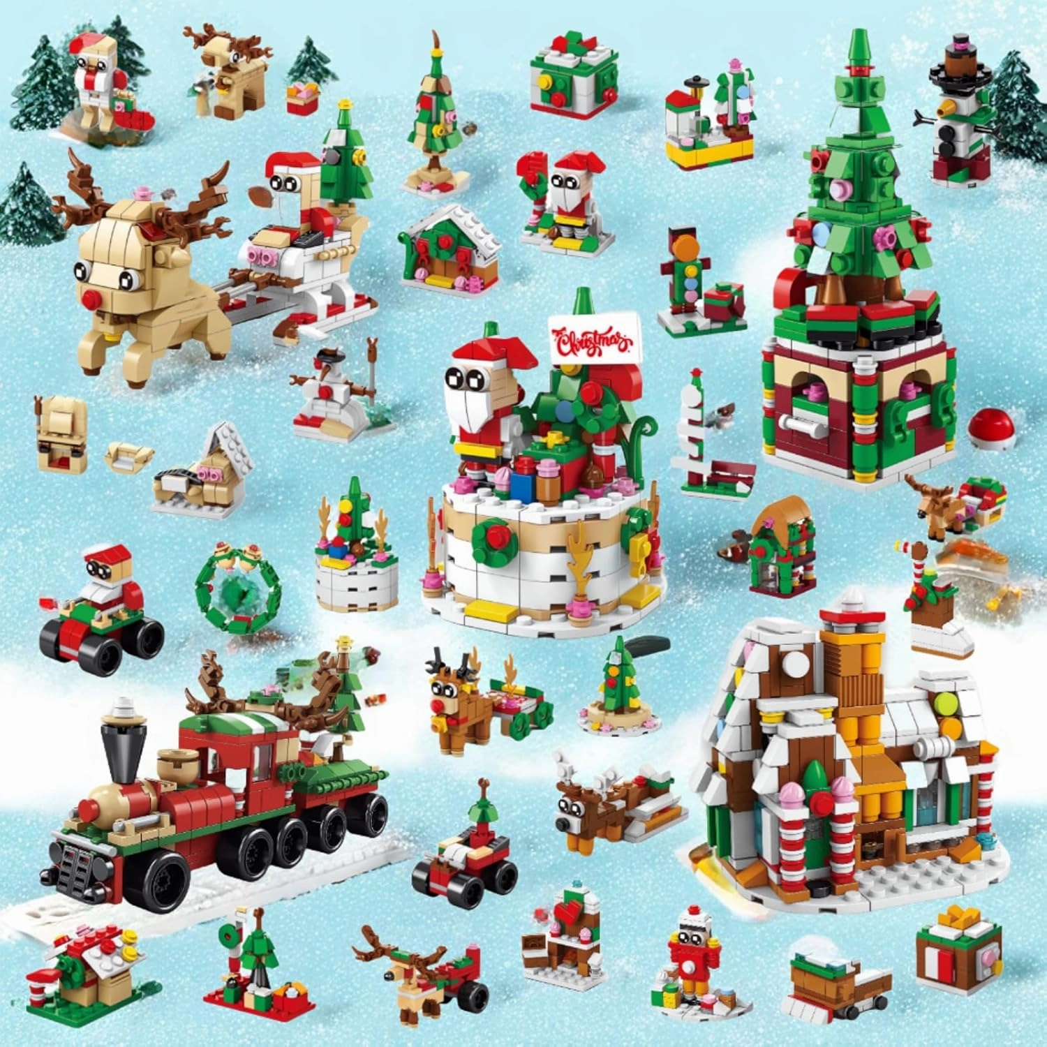 Christmas Advent Calendar Mini Building Set, 35 in 1 Xmas Ornaments Santa Claus Tree Train House Reindeer Sleigh Playset，1523 Pieces Christmas Creative Gifts for Adults Kids Girls Boys