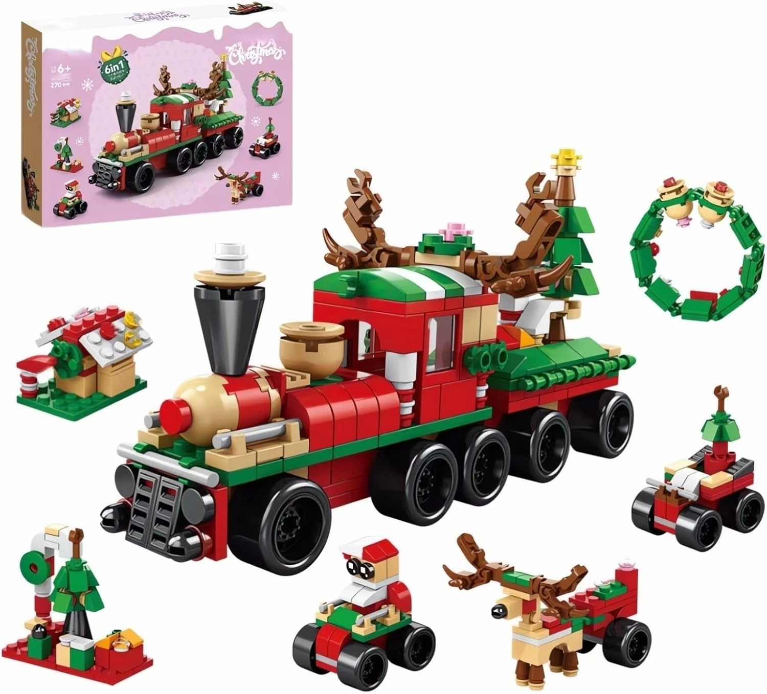 Christmas Train Advent Calendar Mini Building Set, 6 in 1 Xmas Ornaments Santa Claus Tree House Reindeer Sleigh Playset，270 Pieces Christmas Creative Gifts for Adults Kids Girls Boys