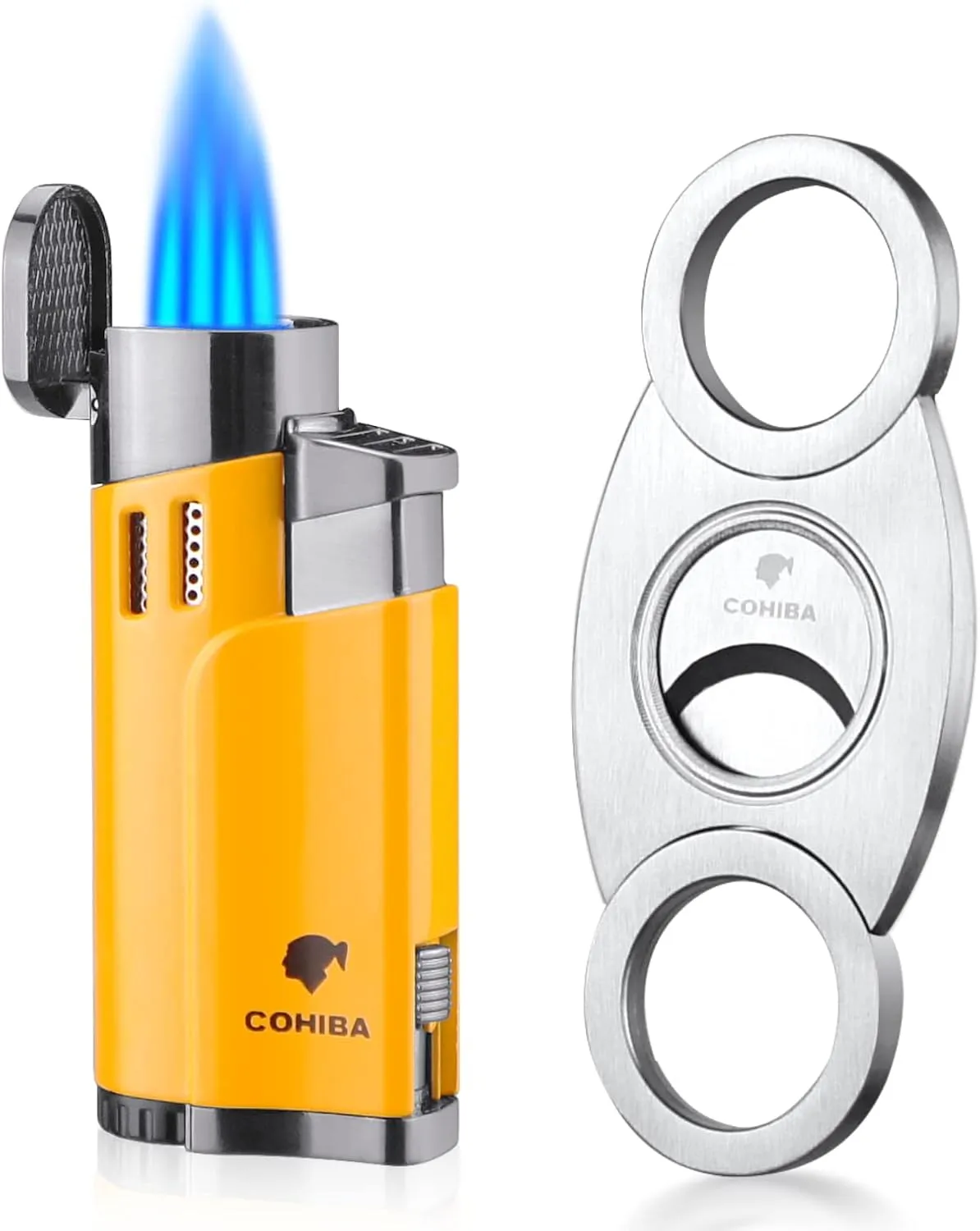 Cigar Lighters and Cutter Set with Butane Refillable Four Jet Flame Lighters Sharpening Blade Cigar Guillotine Windproof Lighter Torch Yellow