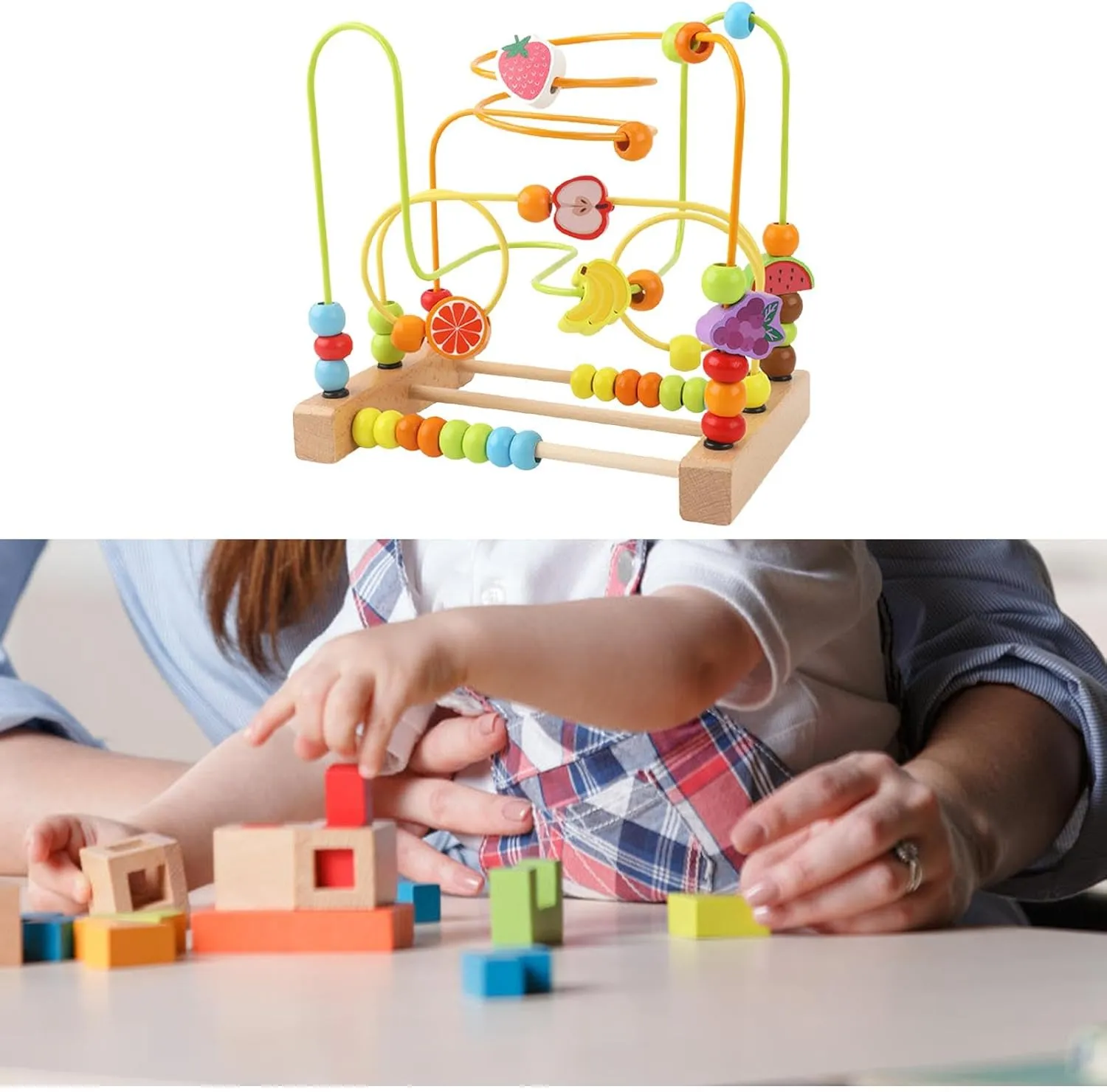 Colorful Wooden Bead Maze Roller Coaster Toy for Children, Fruit B, 22.5x15x20.5cm