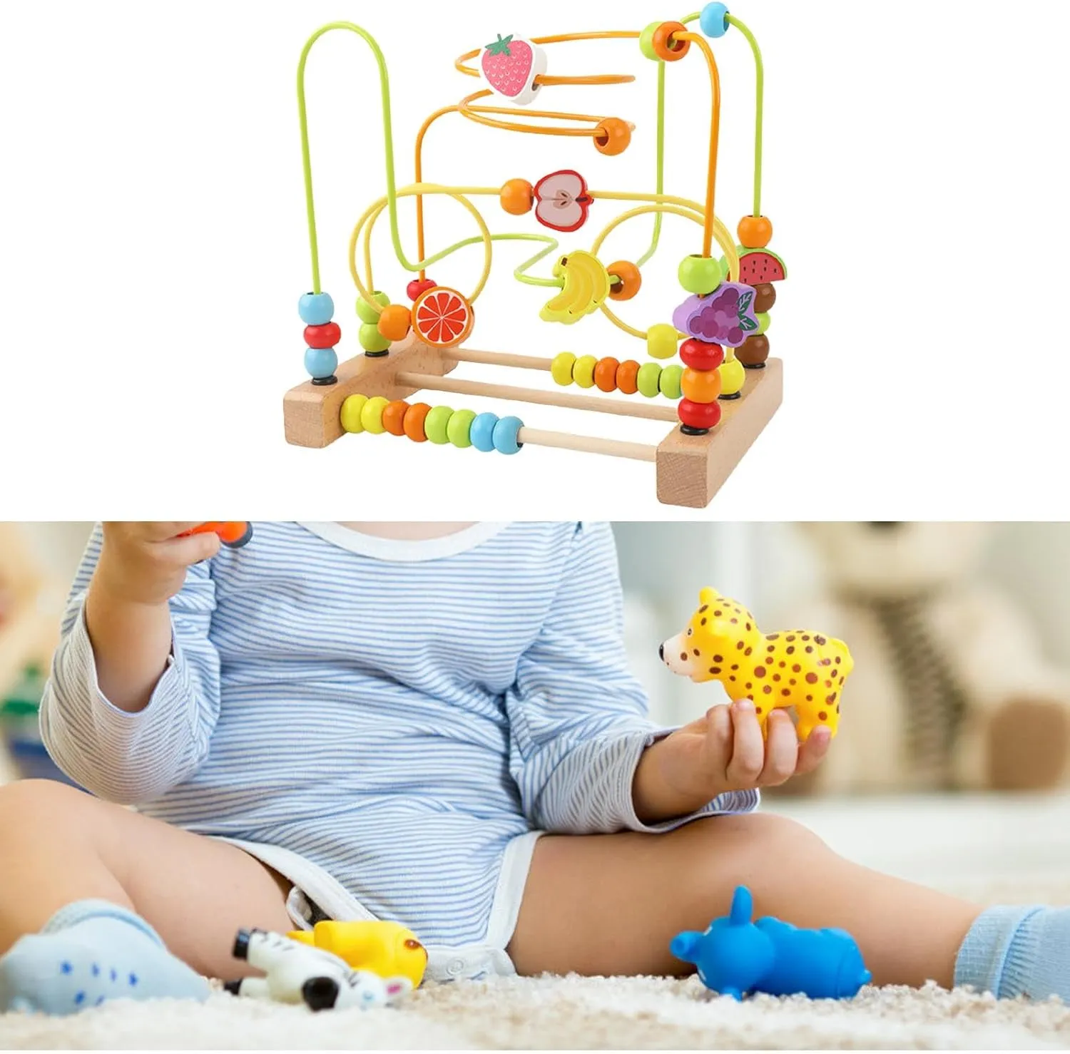 Colorful Wooden Bead Maze Roller Coaster Toy for Children, Fruit B, 22.5x15x20.5cm