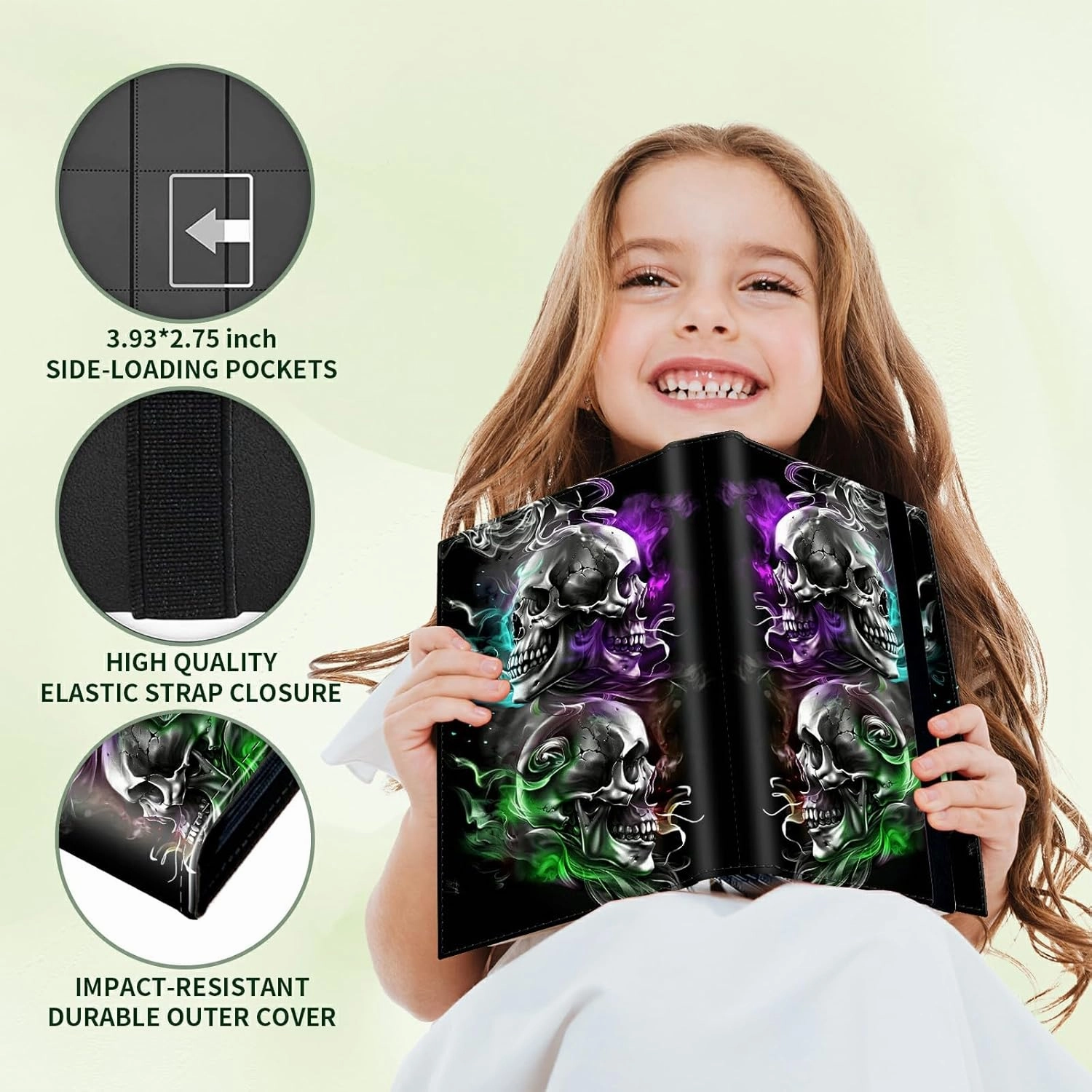 Colorful Skull 4 Pocket Trading Cards Album   MTG Commander Deck Box, Trading Card Binder Holder with 240 Card Protector, Expandable PU Card Book Collectable Board Game Magic Card Binder