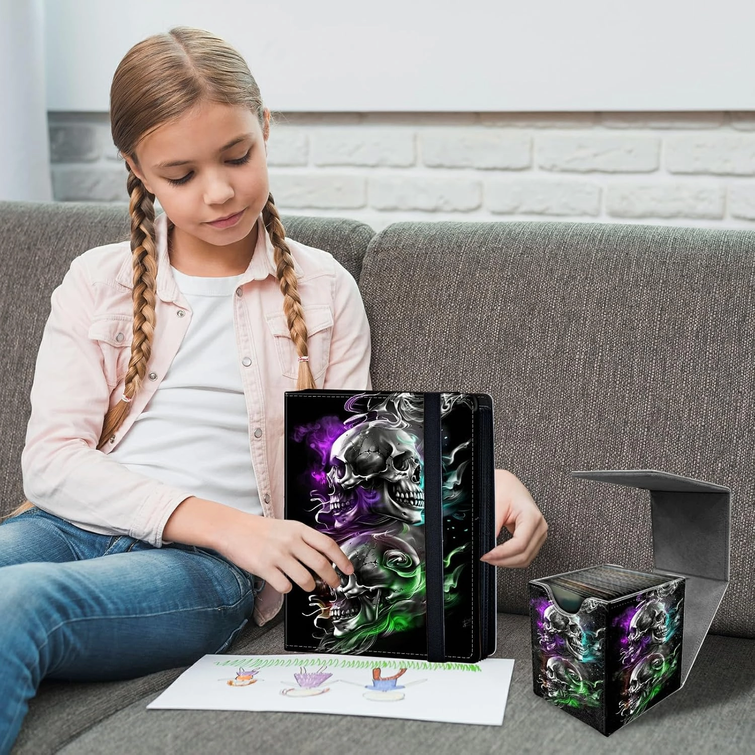 Colorful Skull 4 Pocket Trading Cards Album   MTG Commander Deck Box, Trading Card Binder Holder with 240 Card Protector, Expandable PU Card Book Collectable Board Game Magic Card Binder