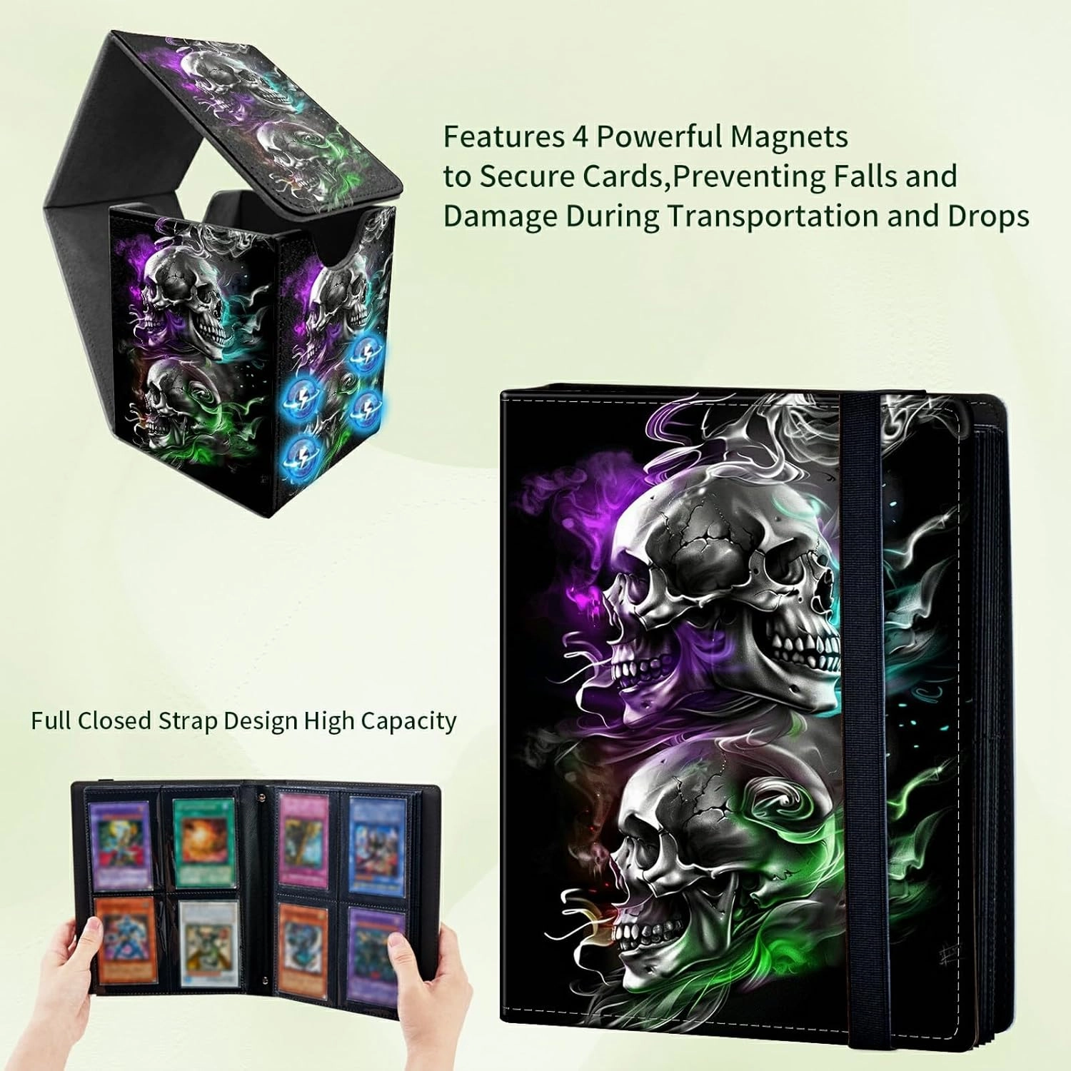 Colorful Skull 4 Pocket Trading Cards Album   MTG Commander Deck Box, Trading Card Binder Holder with 240 Card Protector, Expandable PU Card Book Collectable Board Game Magic Card Binder
