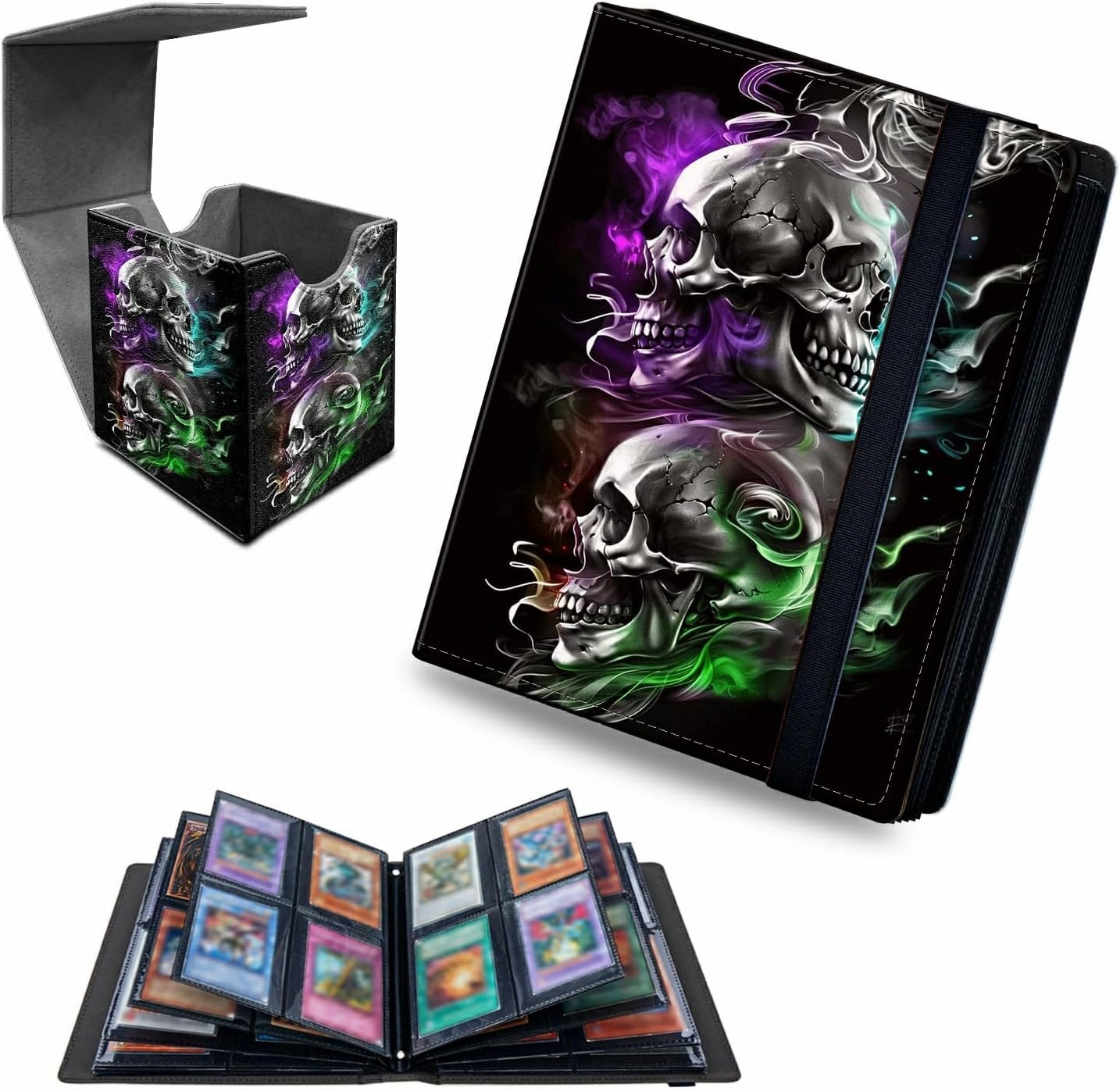 Colorful Skull 4 Pocket Trading Cards Album   MTG Commander Deck Box, Trading Card Binder Holder with 240 Card Protector, Expandable PU Card Book Collectable Board Game Magic Card Binder