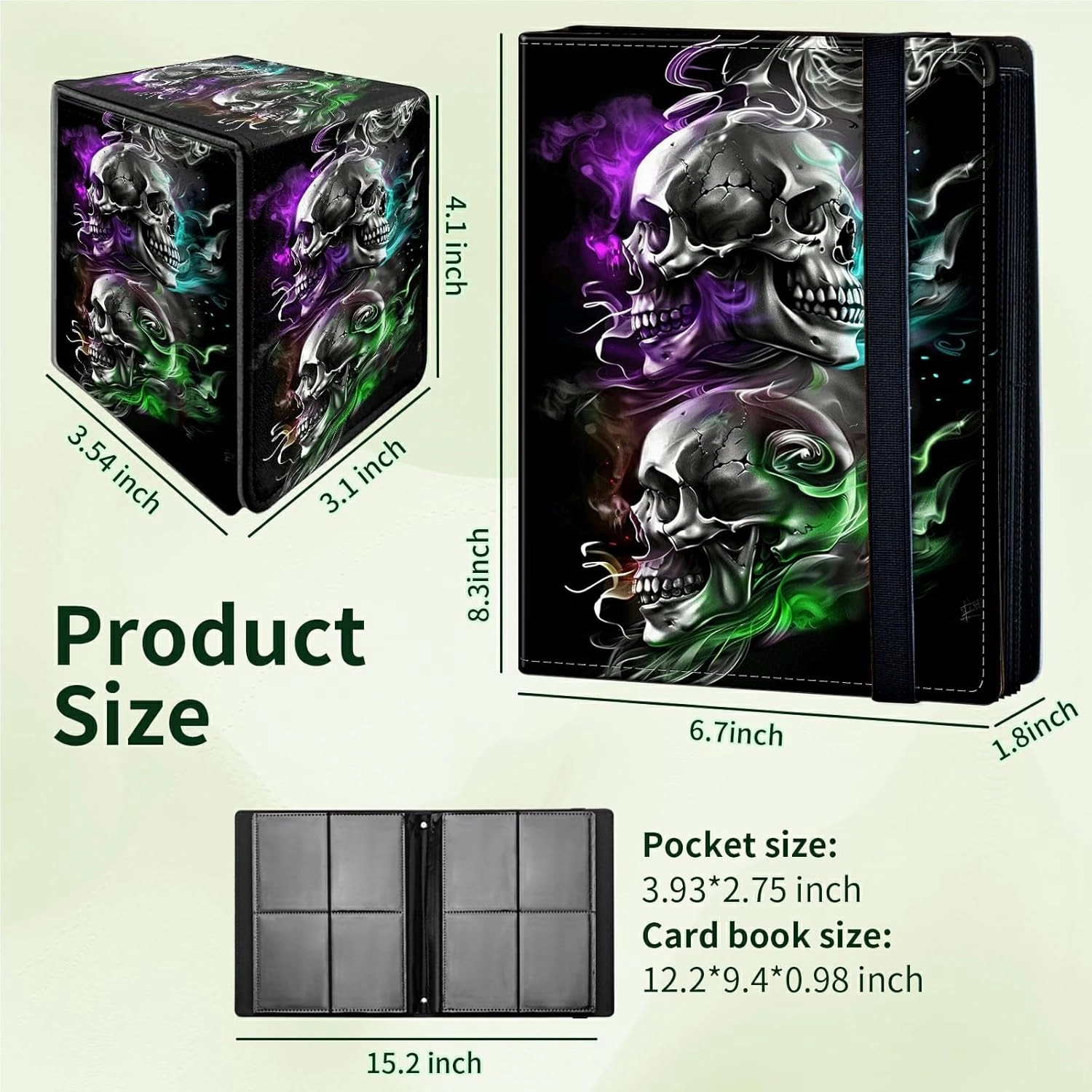 Colorful Skull 4 Pocket Trading Cards Album   MTG Commander Deck Box, Trading Card Binder Holder with 240 Card Protector, Expandable PU Card Book Collectable Board Game Magic Card Binder