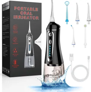 Cordless Water Flosser for Teeth Rechargeable - FZCOK 7 Clean Settings Oral Irrigator Dental Flosser for Braces Adults Teeth Cleaning Portable with Long Battery Life, Waterproof(Black)