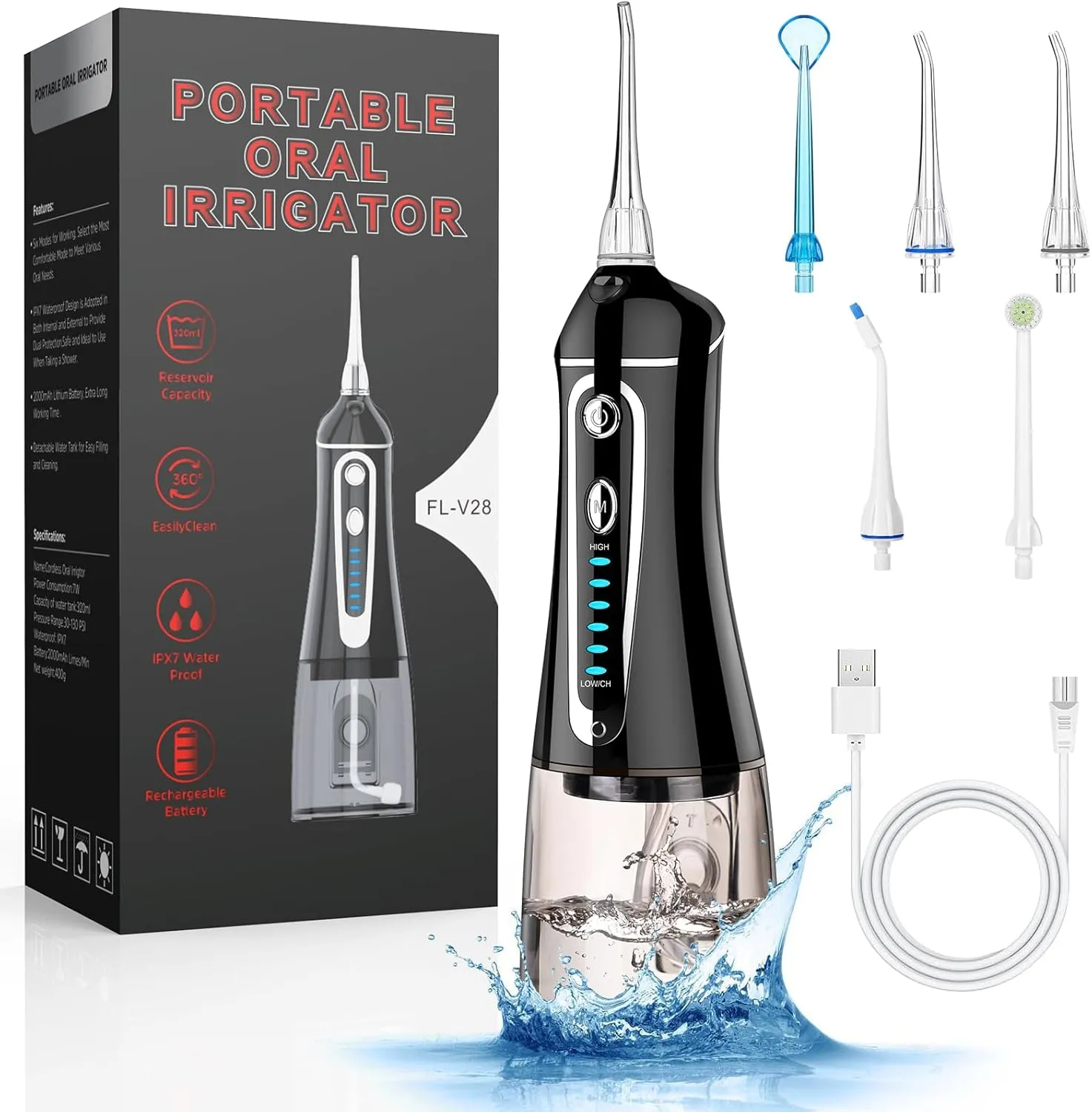 Cordless Water Flosser for Teeth Rechargeable - FZCOK 7 Clean Settings Oral Irrigator Dental Flosser for Braces Adults Teeth Cleaning Portable with Long Battery Life, Waterproof(Black)