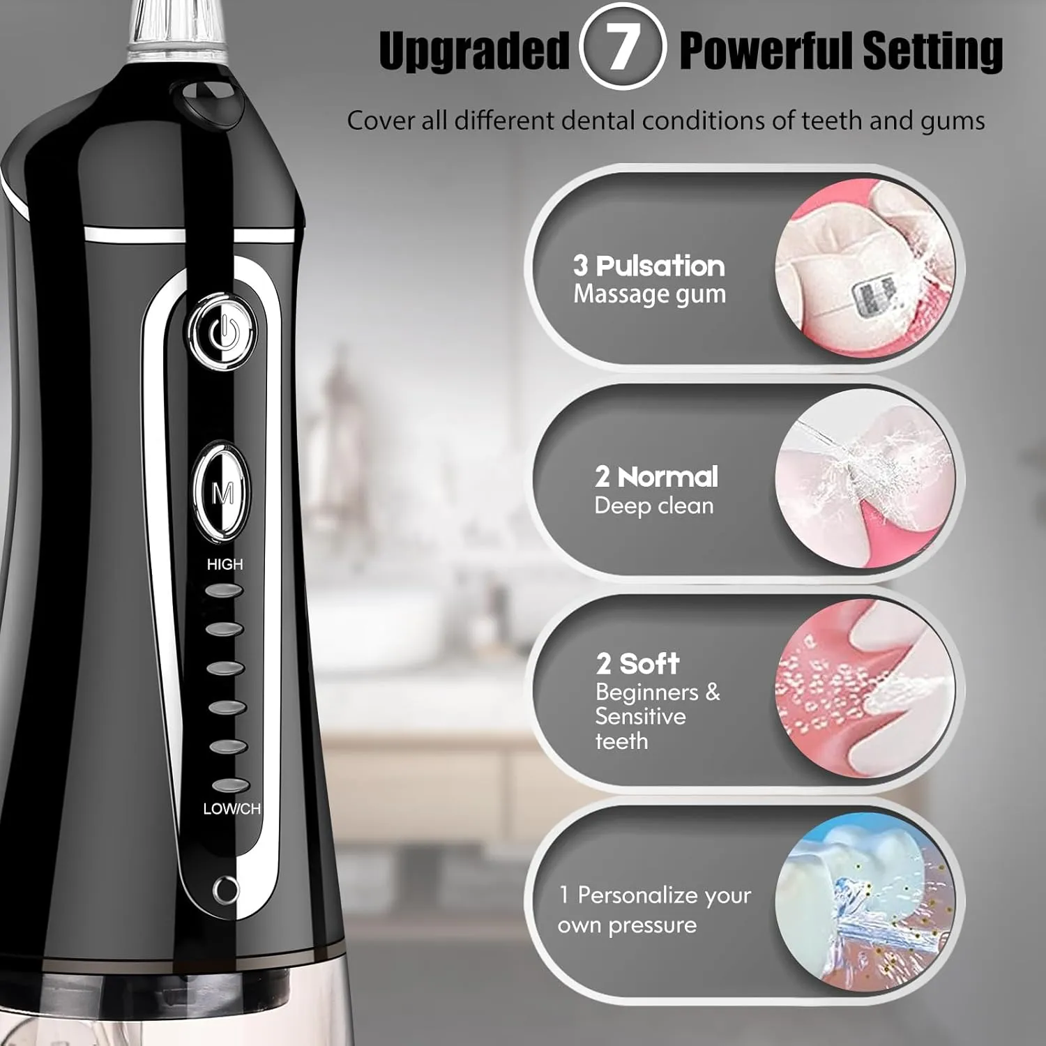 Cordless Water Flosser for Teeth Rechargeable - FZCOK 7 Clean Settings Oral Irrigator Dental Flosser for Braces Adults Teeth Cleaning Portable with Long Battery Life, Waterproof(Black)
