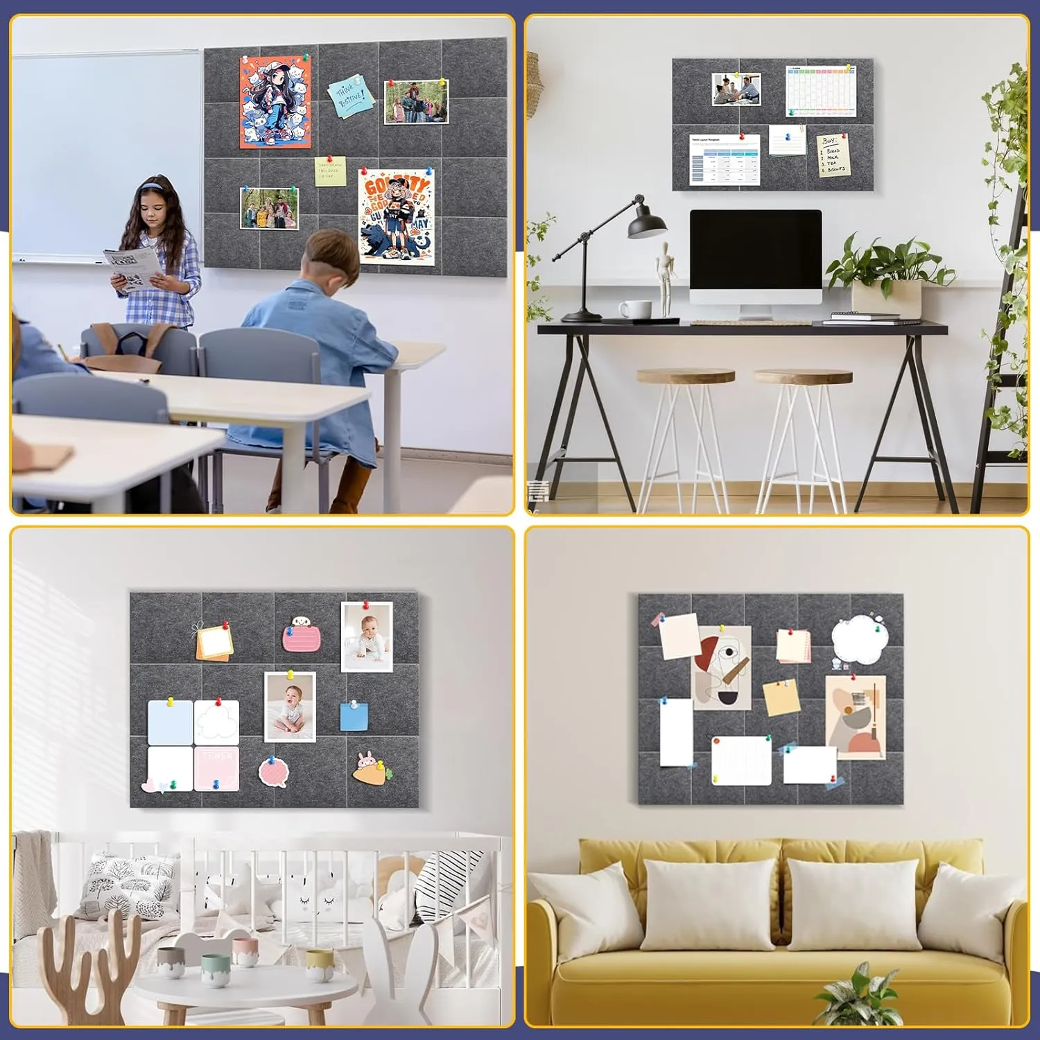Cork Boards for Walls 48" x60”,20 Pack Grey Bulletin Board, Reusable Felt Wall Tiles with 105 Pins and Non-Marking Adhesives,Cork Board for Office Pin Board