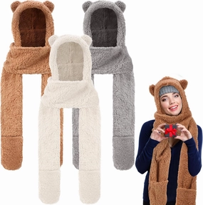 Coume 3 Pack Christmas Winter Fleece Women Bear Ear Sherpa Hooded Scarf Hat Gloves Hooded Scarf Ear Protection Windproof Cap