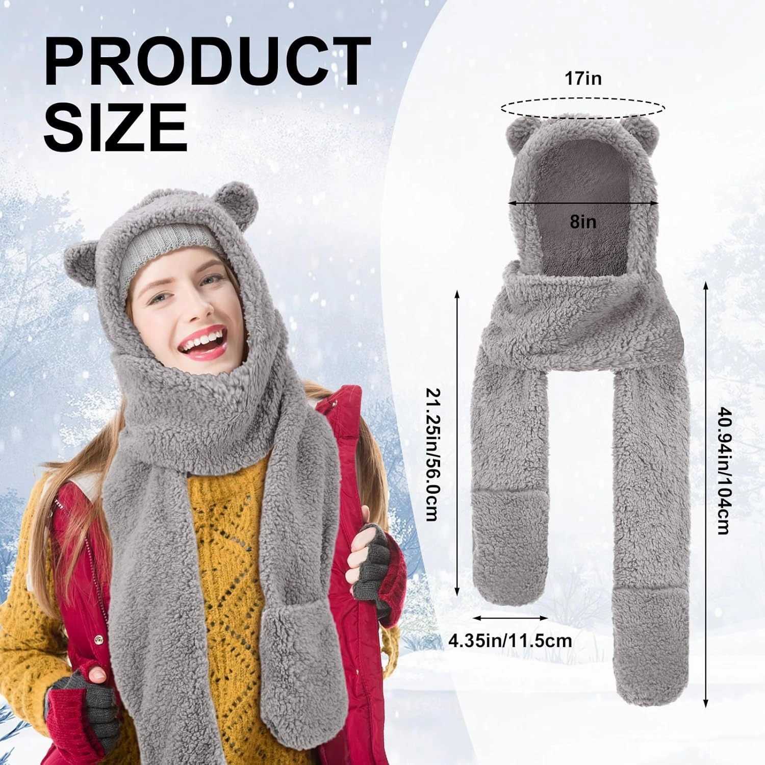 Coume 3 Pack Christmas Winter Fleece Women Bear Ear Sherpa Hooded Scarf Hat Gloves Hooded Scarf Ear Protection Windproof Cap