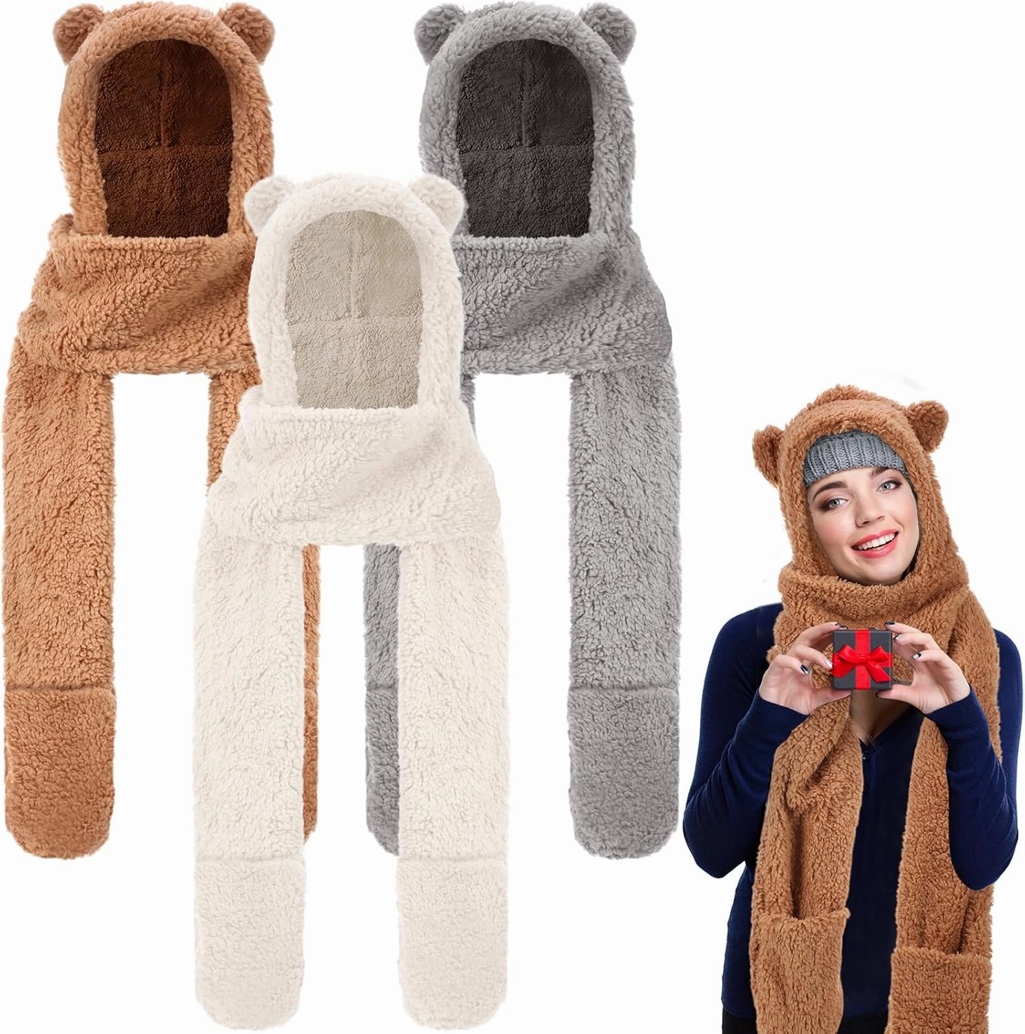 Coume 3 Pack Christmas Winter Fleece Women Bear Ear Sherpa Hooded Scarf Hat Gloves Hooded Scarf Ear Protection Windproof Cap