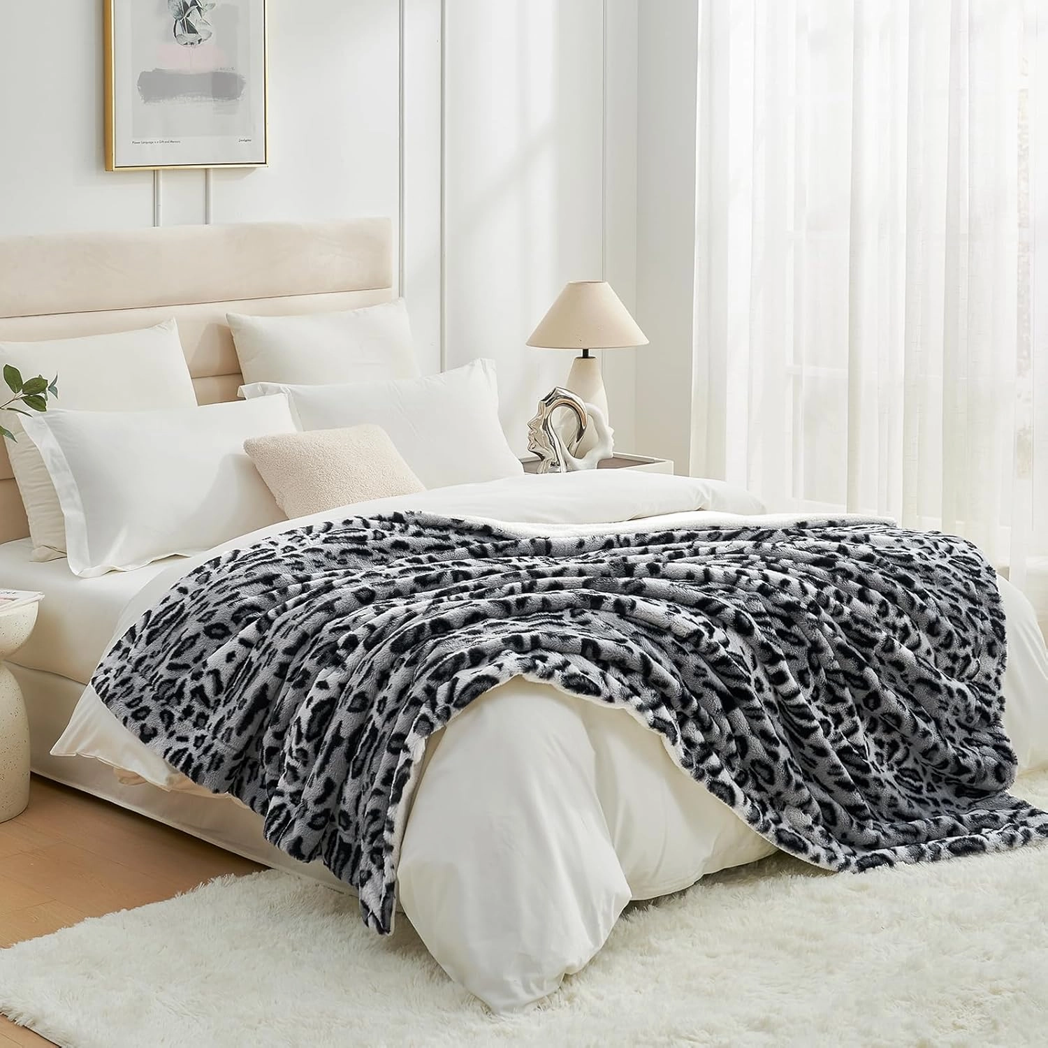 Cozy Bliss Luxury Faux Fur Throw Blanket Leopard Print, Non Shedding Double Sided Sherpa Blankets Super Soft Fluffy Thick Warm Throws Home Decor for Couch Bed Sofa Women,50"*60"Inches Snow Leopard