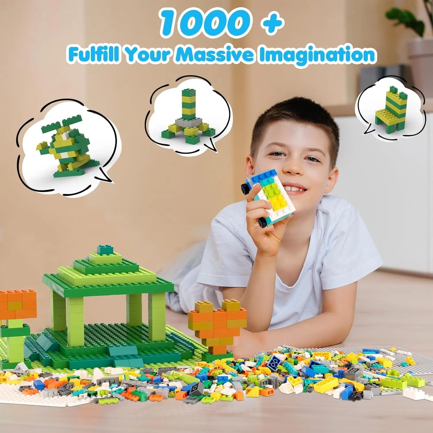 Creative Building Blocks Set Compatible with Major Brands Classic, Includes Dual-Sided and Single-Sided Baseplates, Variety of Accessories to Spark Imagination (boy)