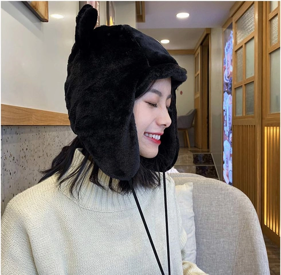 Croogo Fluffy Trapper Hats with Visor Women Winter Ear Flap Ski Cap Faux Fur Russian Ushanka Hat Windproof Eskimo Aviator Hat