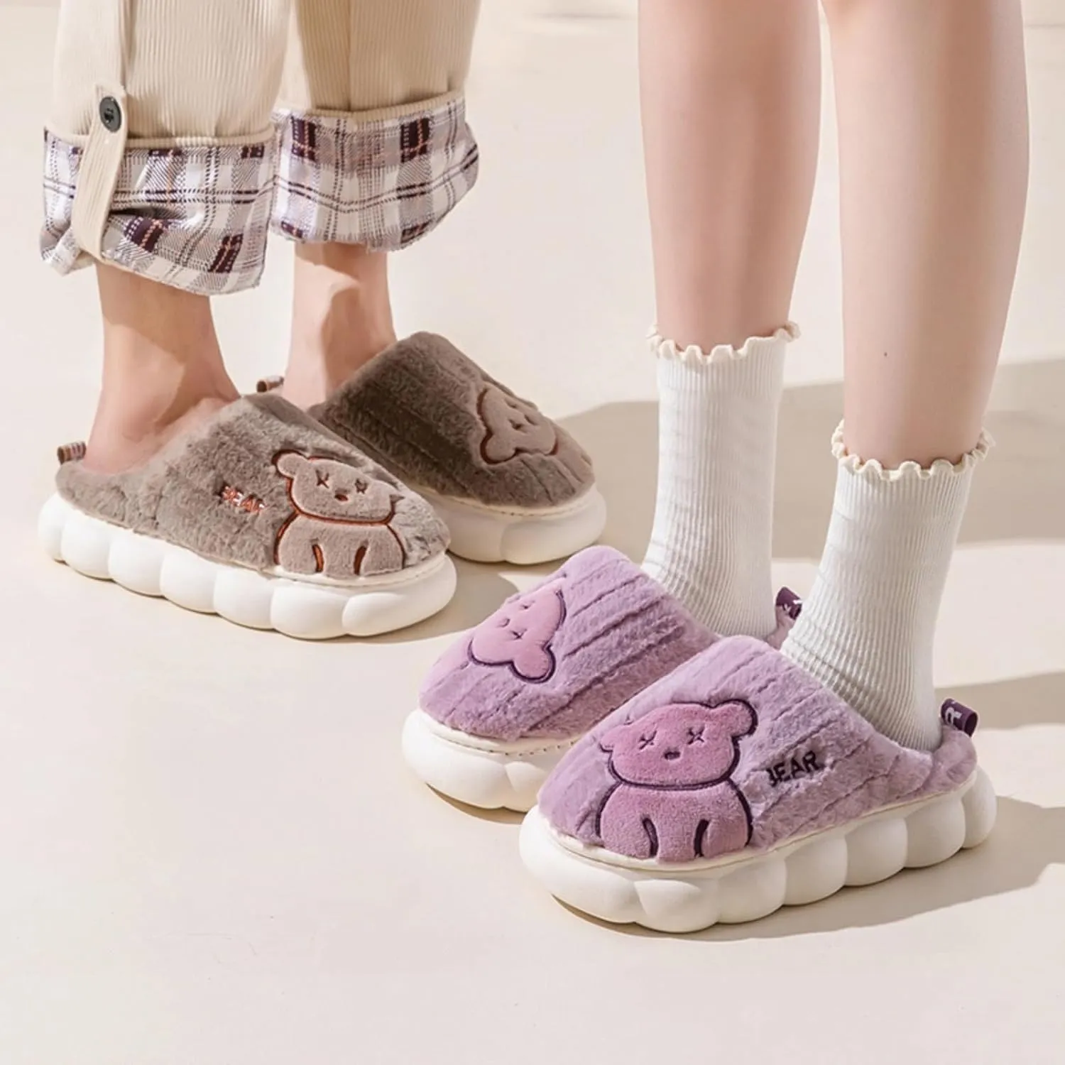 Cute Bear Fuzzy Slippers Y2k Aesthetic Warm Fluffy Platform Slides for Women Couple Indoor Pink Purple Blue Brown
