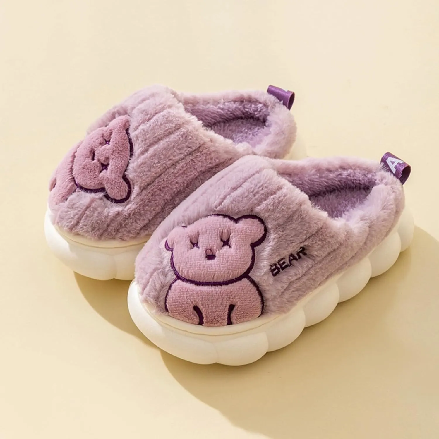 Cute Bear Fuzzy Slippers Y2k Aesthetic Warm Fluffy Platform Slides for Women Couple Indoor Pink Purple Blue Brown
