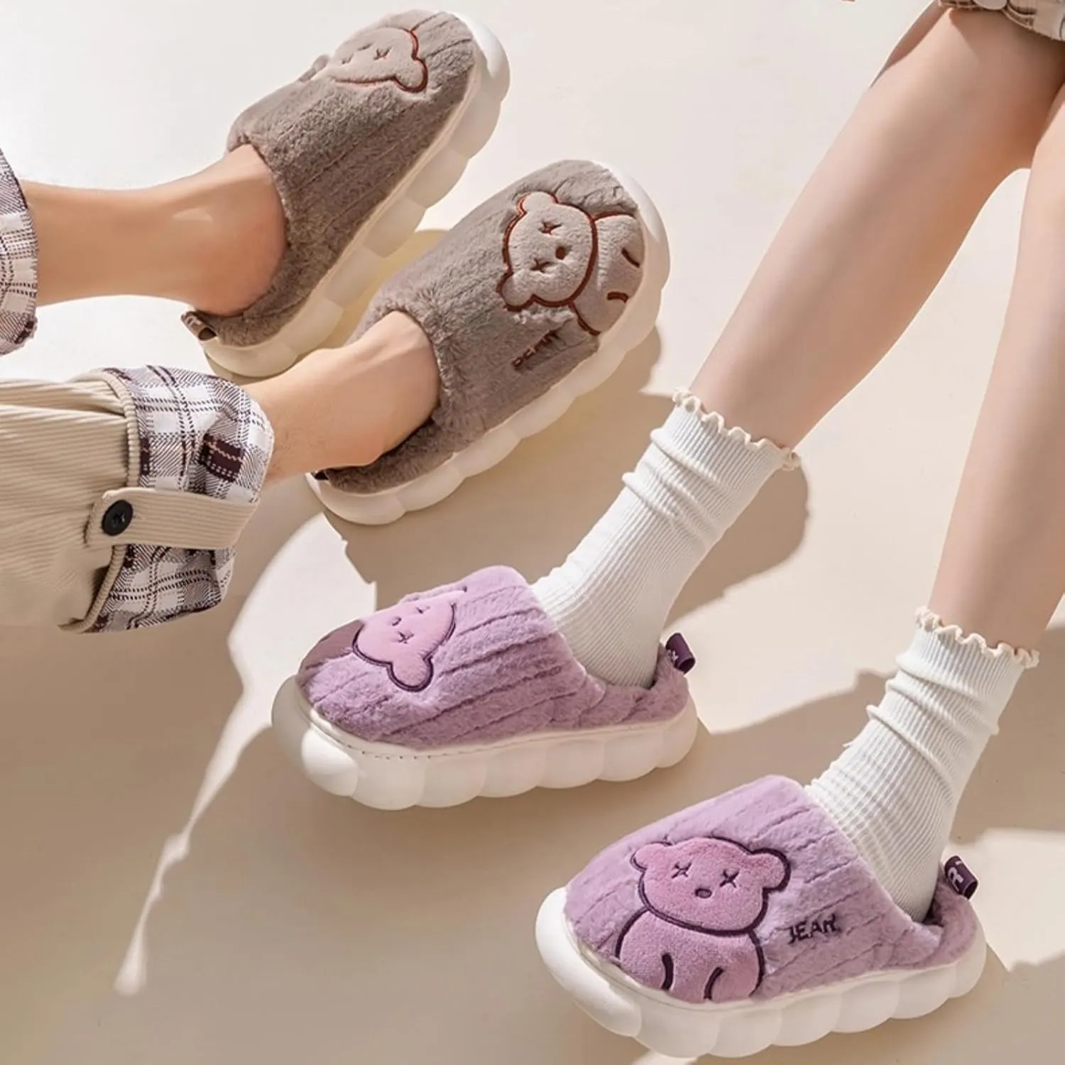 Cute Bear Fuzzy Slippers Y2k Aesthetic Warm Fluffy Platform Slides for Women Couple Indoor Pink Purple Blue Brown