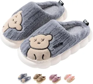 Cute Bear Fuzzy Slippers Y2k Aesthetic Warm Fluffy Platform Slides for Women Couple Indoor Pink Purple Blue Brown