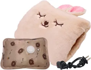 Cute Hot Water Bottle with Soft Cover，Portable Rechargeable Electric Hot Water Bag for Menstrual Cramps，Hot Compress Heating Pad,Plush Bunny Hand Warmer（Spring Expressive Gift