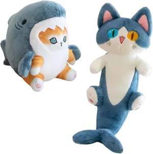 Cute Shark Cat Plush - Kitty in Shark Costume, 9.8'' and 19.7'' Shark Kitty Plush Toy 2pc, Fun Gift for Birthdays & Holidays
