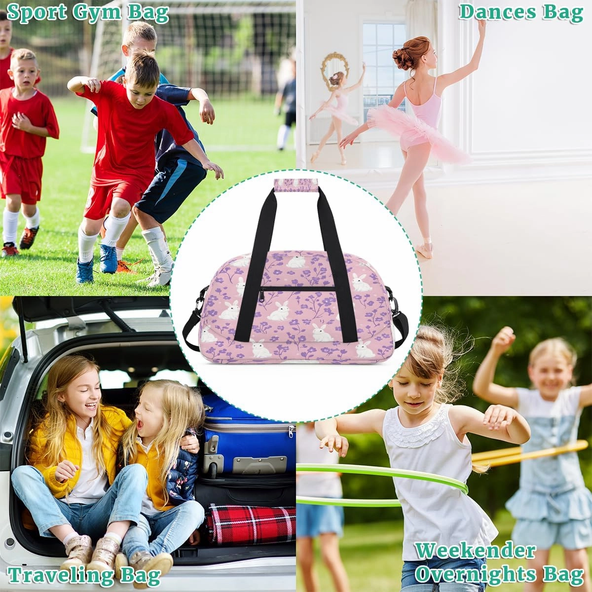 Cute Bunny Rabbit Kids Overnighter Duffel Bags for Boys, Carry-On Size Sports Gym Bag with Front Zipper Pocket for School Practice or Overnight Travel Weekender Sleepover Tote Bag