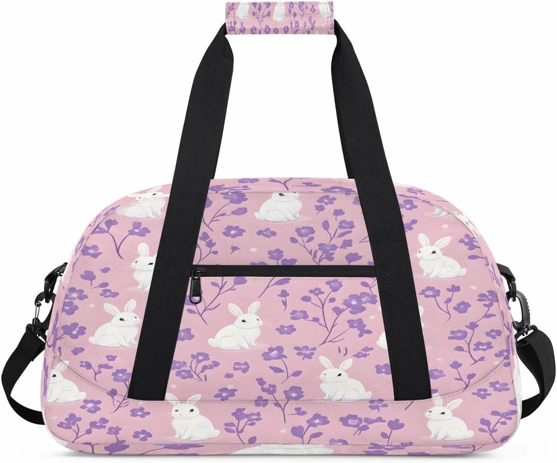 Cute Bunny Rabbit Kids Overnighter Duffel Bags for Boys, Carry-On Size Sports Gym Bag with Front Zipper Pocket for School Practice or Overnight Travel Weekender Sleepover Tote Bag