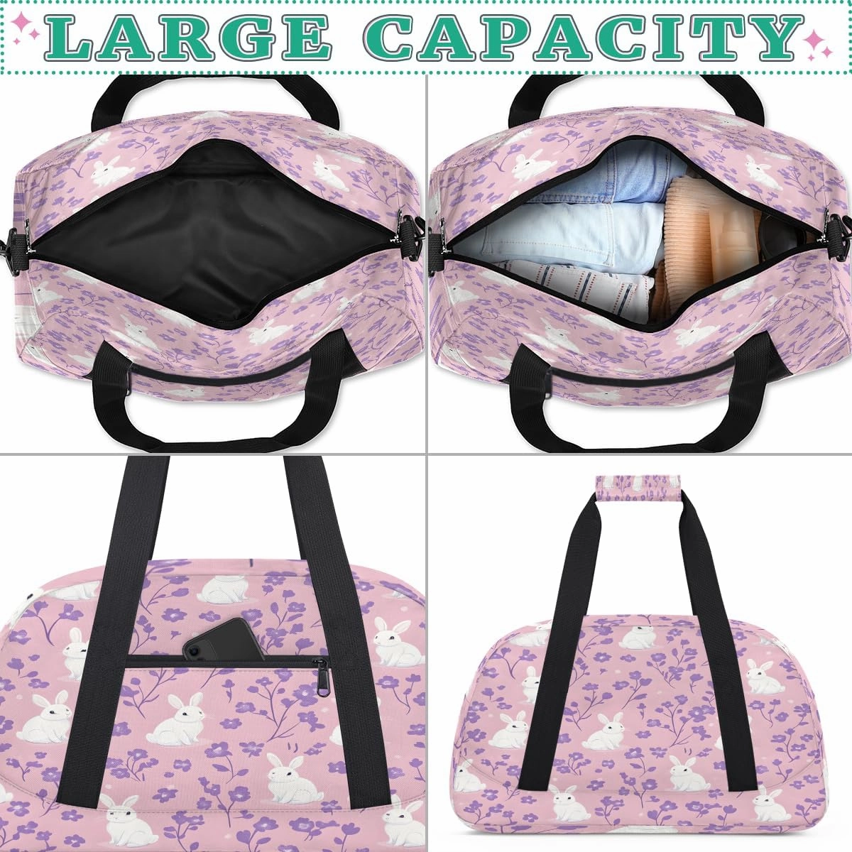 Cute Bunny Rabbit Kids Overnighter Duffel Bags for Boys, Carry-On Size Sports Gym Bag with Front Zipper Pocket for School Practice or Overnight Travel Weekender Sleepover Tote Bag