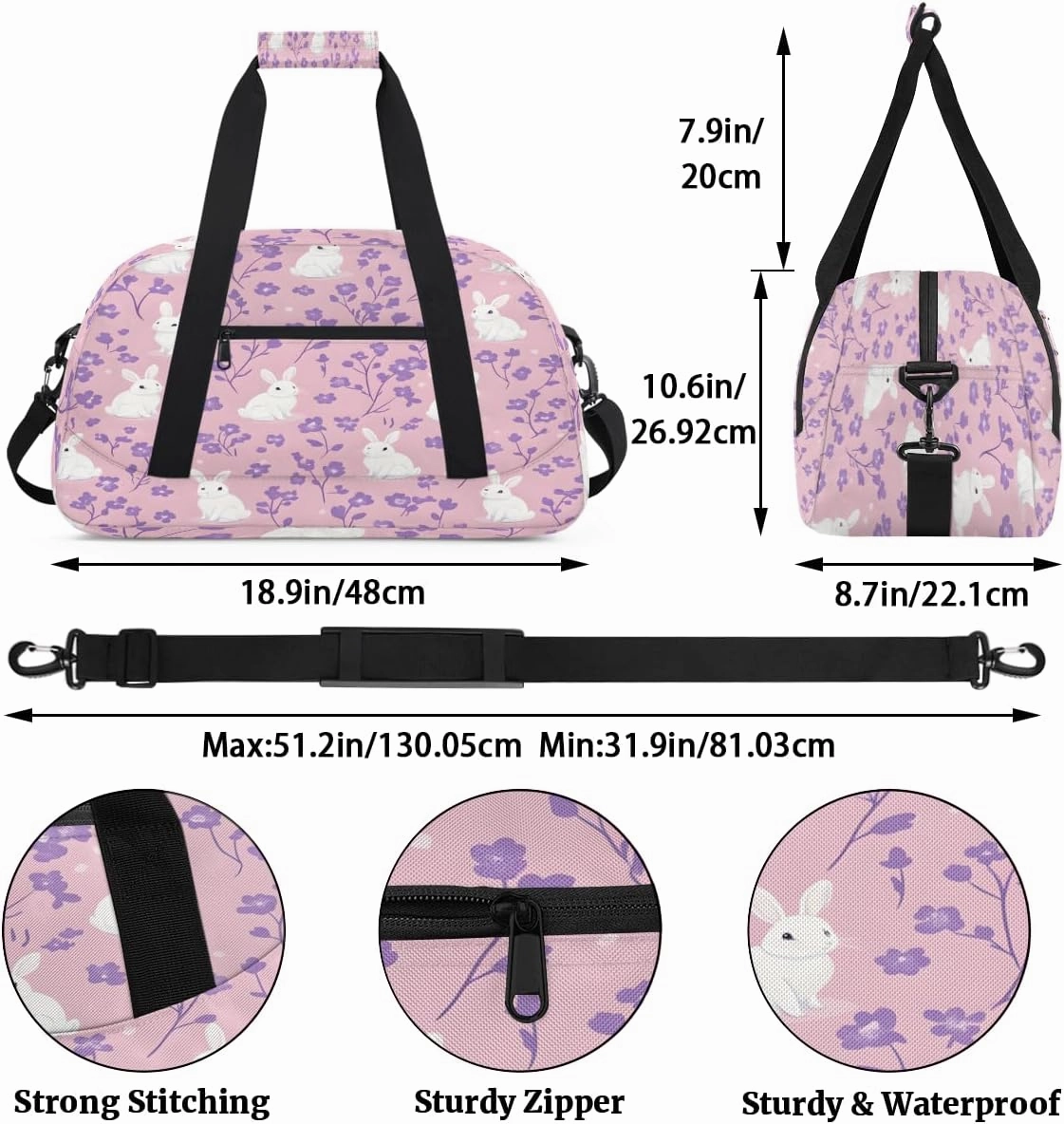 Cute Bunny Rabbit Kids Overnighter Duffel Bags for Boys, Carry-On Size Sports Gym Bag with Front Zipper Pocket for School Practice or Overnight Travel Weekender Sleepover Tote Bag