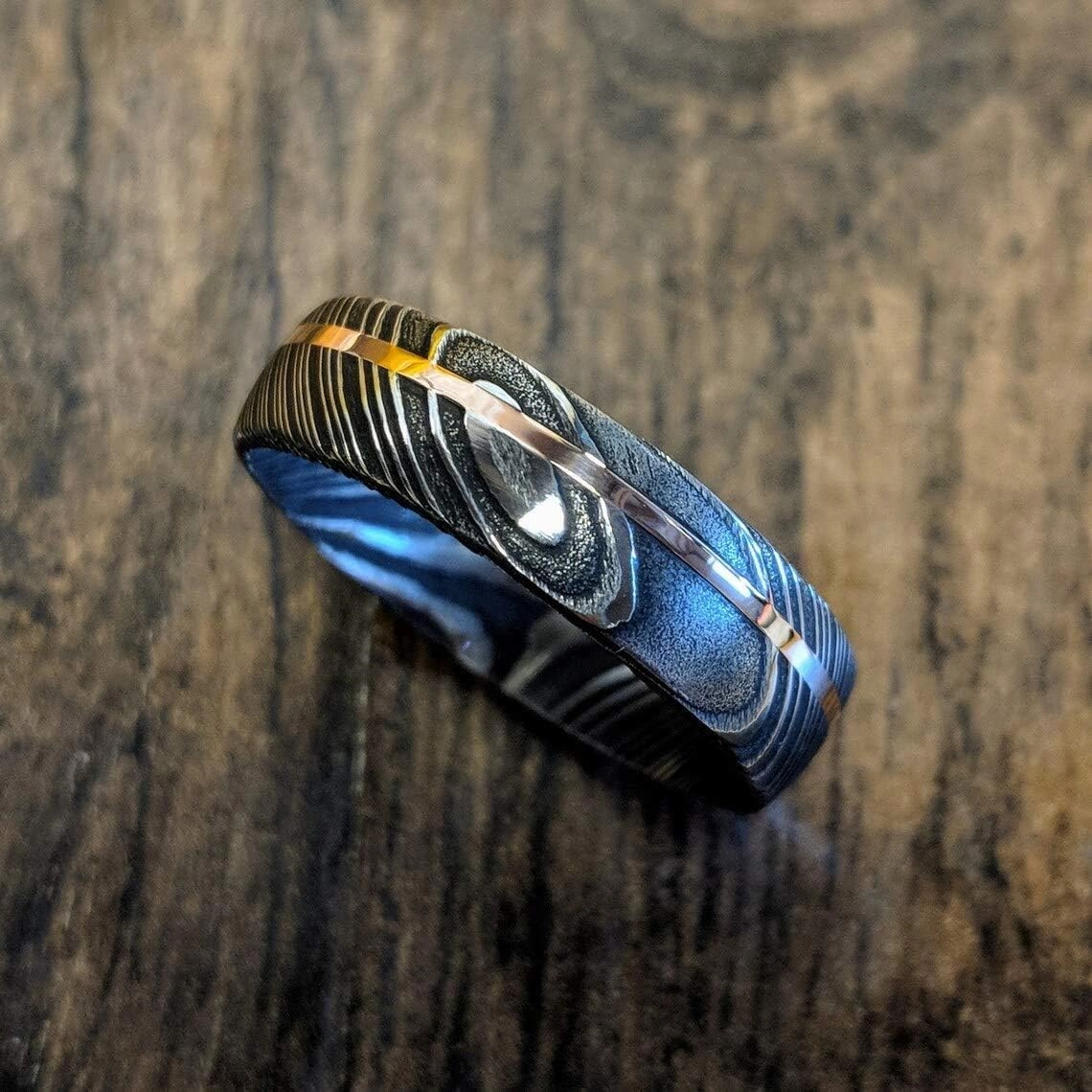 Damascus KE-208-AT Steel Ring Custom and Handmade Steel Ring with Copper Inlay Steel and Copper Fathers Day Ring Wedding Band Rings (Color Might be Slightly Different)