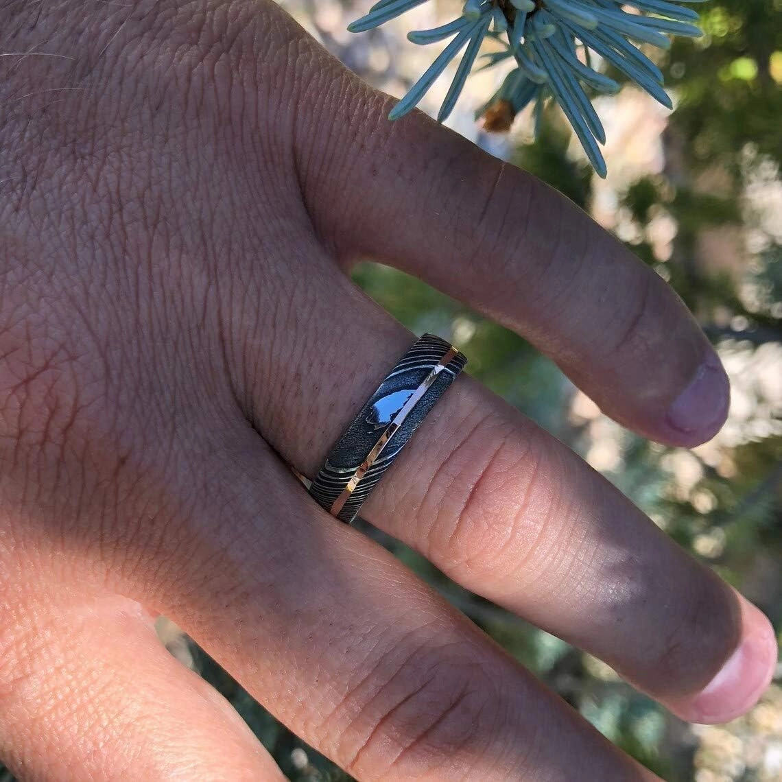Damascus KE-208-AT Steel Ring Custom and Handmade Steel Ring with Copper Inlay Steel and Copper Fathers Day Ring Wedding Band Rings (Color Might be Slightly Different)