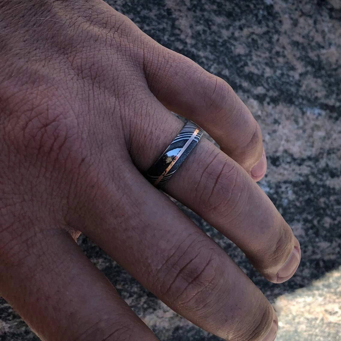 Damascus KE-208-AT Steel Ring Custom and Handmade Steel Ring with Copper Inlay Steel and Copper Fathers Day Ring Wedding Band Rings (Color Might be Slightly Different)