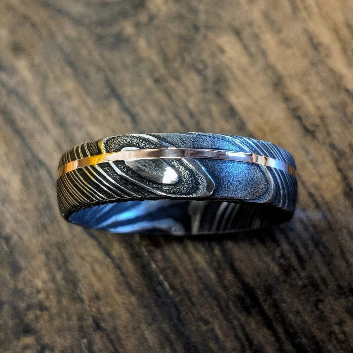 Damascus KE-208-AT Steel Ring Custom and Handmade Steel Ring with Copper Inlay Steel and Copper Fathers Day Ring Wedding Band Rings (Color Might be Slightly Different)