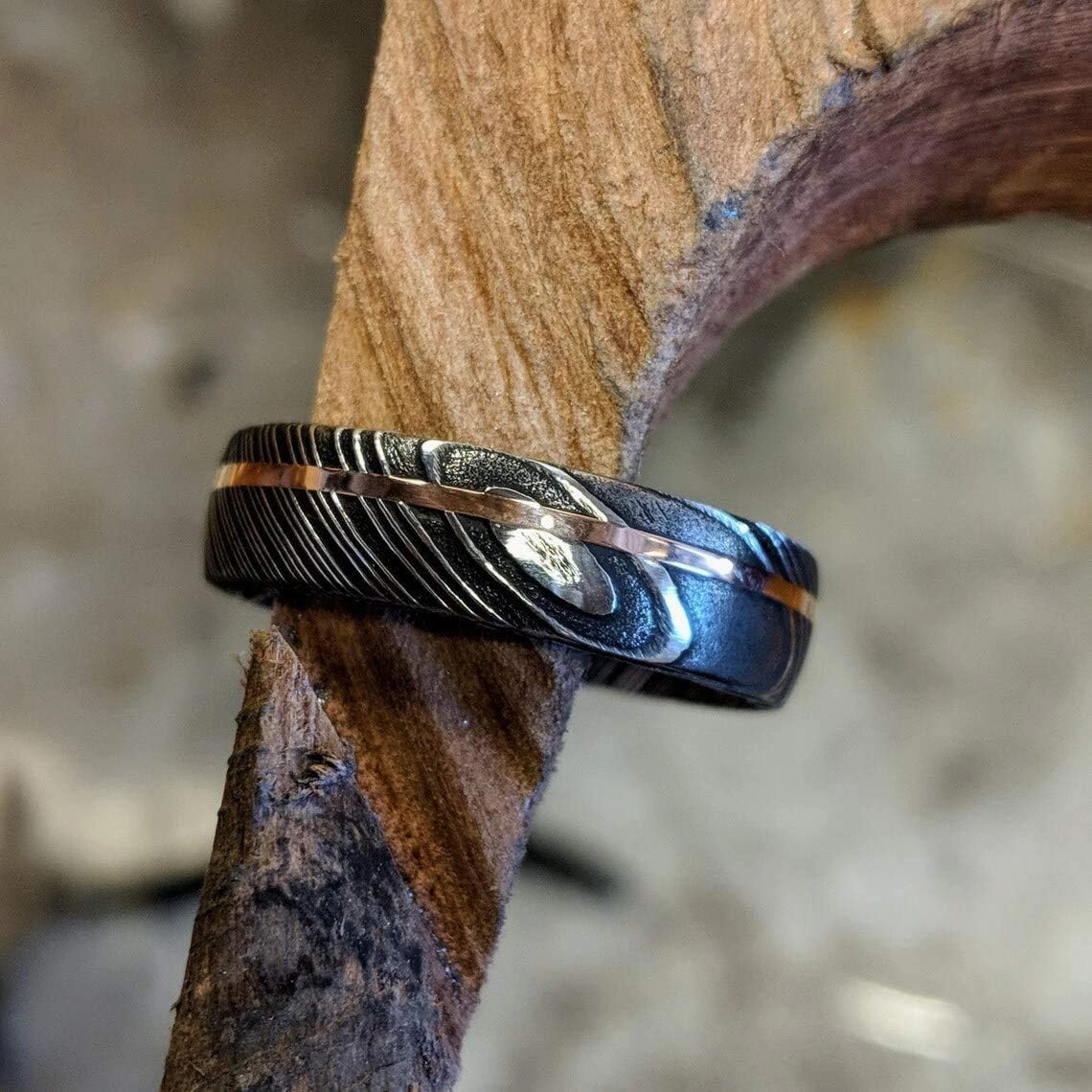 Damascus KE-208-AT Steel Ring Custom and Handmade Steel Ring with Copper Inlay Steel and Copper Fathers Day Ring Wedding Band Rings (Color Might be Slightly Different)