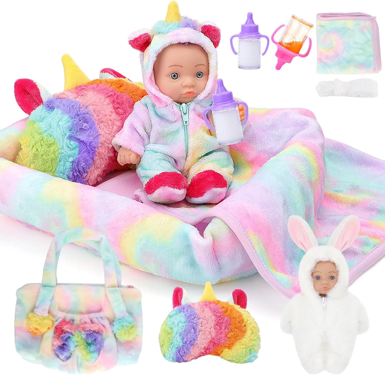 deAO Baby Doll Playset, 8 Inch Baby Doll with Portable Doll Bed, Handbag, Bunnypack, Feeding Bottles and Doll Clothes, Baby Doll Care Toys Set for 3 4 5 6,Gift for Girls