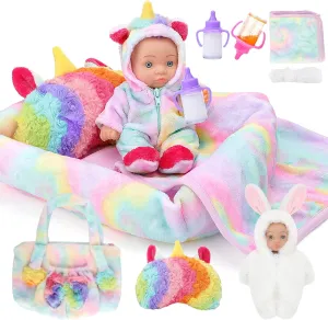 deAO Baby Doll Playset, 8 Inch Baby Doll with Portable Doll Bed, Handbag, Bunnypack, Feeding Bottles and Doll Clothes, Baby Doll Care Toys Set for 3 4 5 6,Gift for Girls