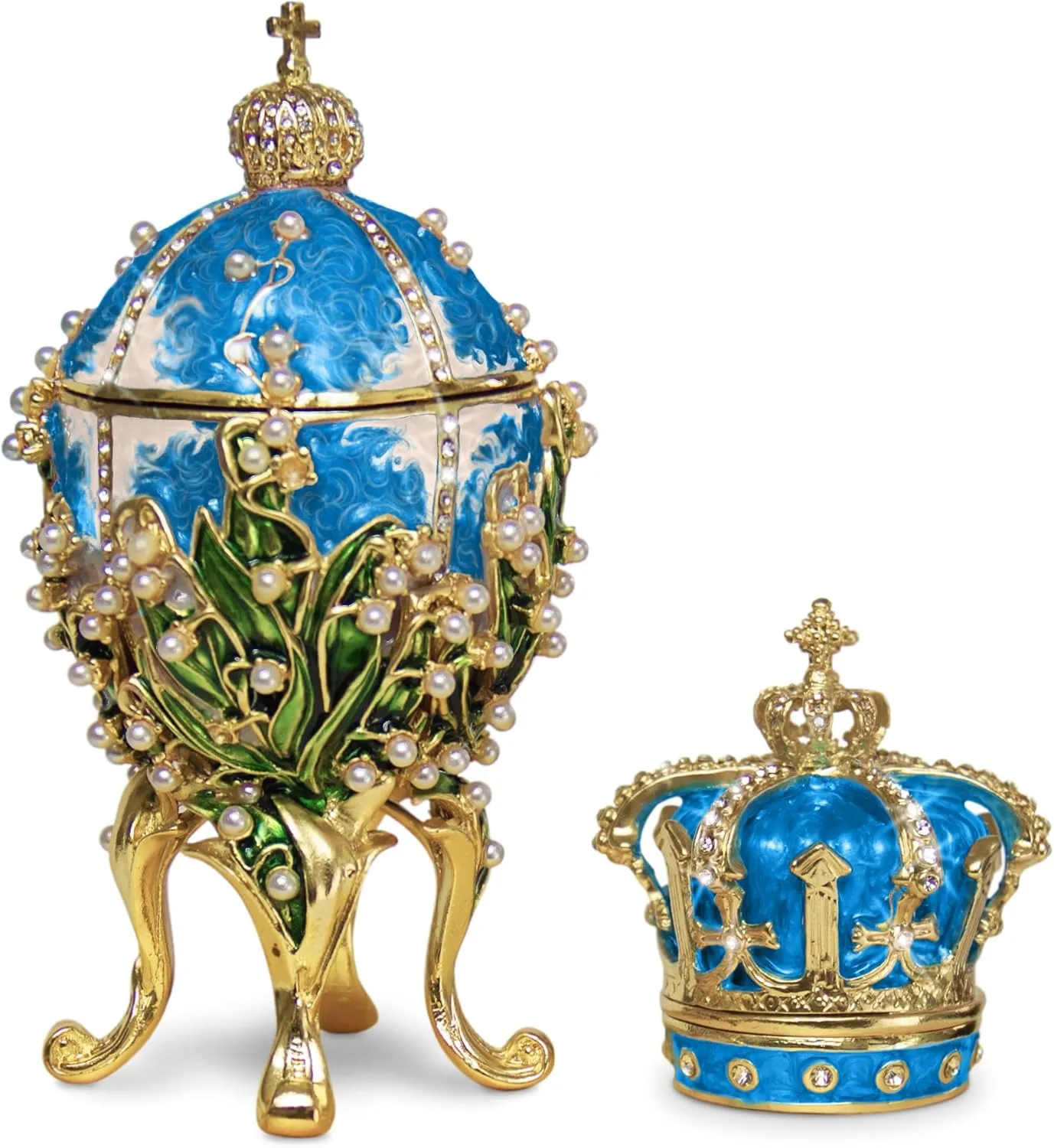 Decorative Lilies of The Valley Easter Egg Replica Extra Large 5.9 inch Hand Painted Jewelery Box for The Ultimate Home Decor Comes with Gift Unique Trinket Crown Box (Blue, 5.9)
