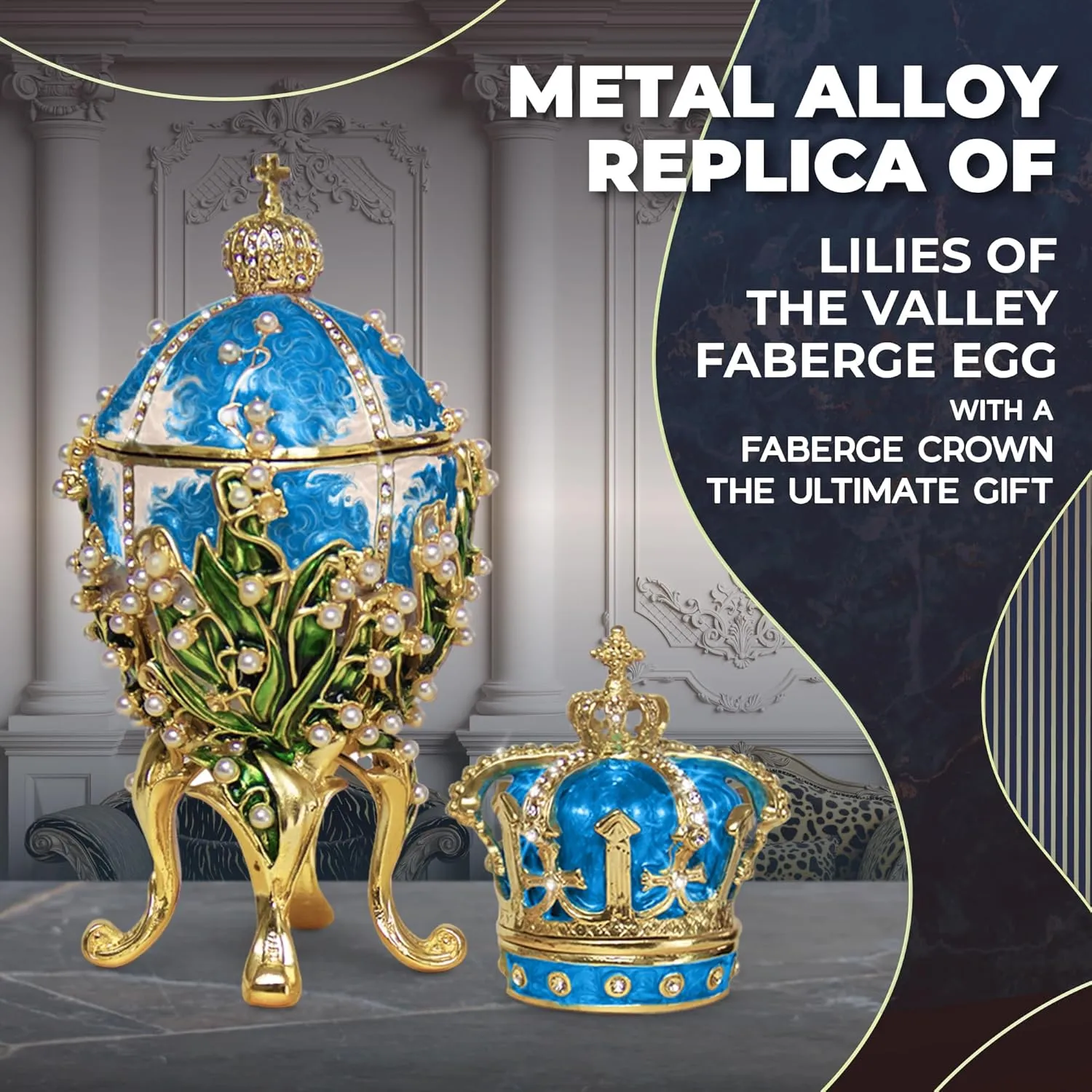Decorative Lilies of The Valley Easter Egg Replica Extra Large 5.9 inch Hand Painted Jewelery Box for The Ultimate Home Decor Comes with Gift Unique Trinket Crown Box (Blue, 5.9)