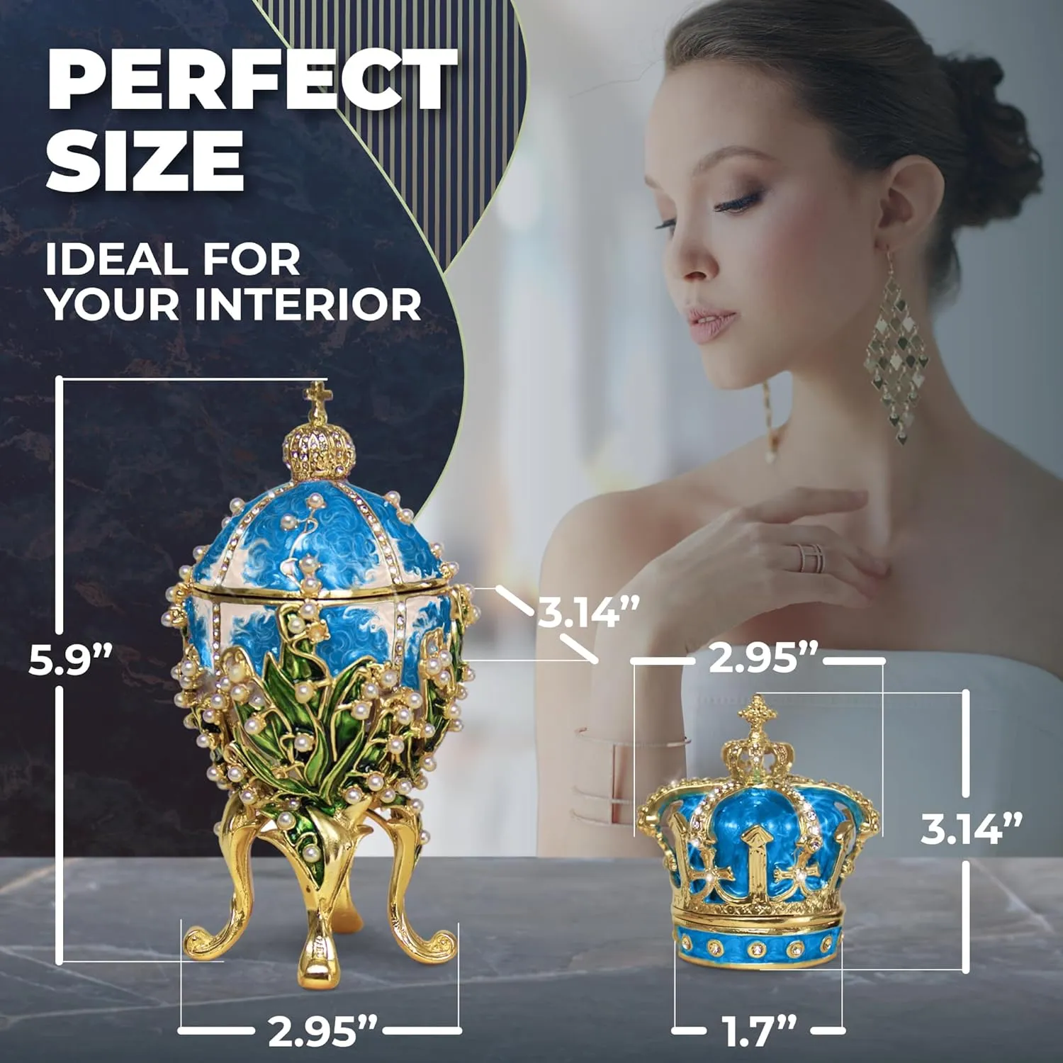 Decorative Lilies of The Valley Easter Egg Replica Extra Large 5.9 inch Hand Painted Jewelery Box for The Ultimate Home Decor Comes with Gift Unique Trinket Crown Box (Blue, 5.9)