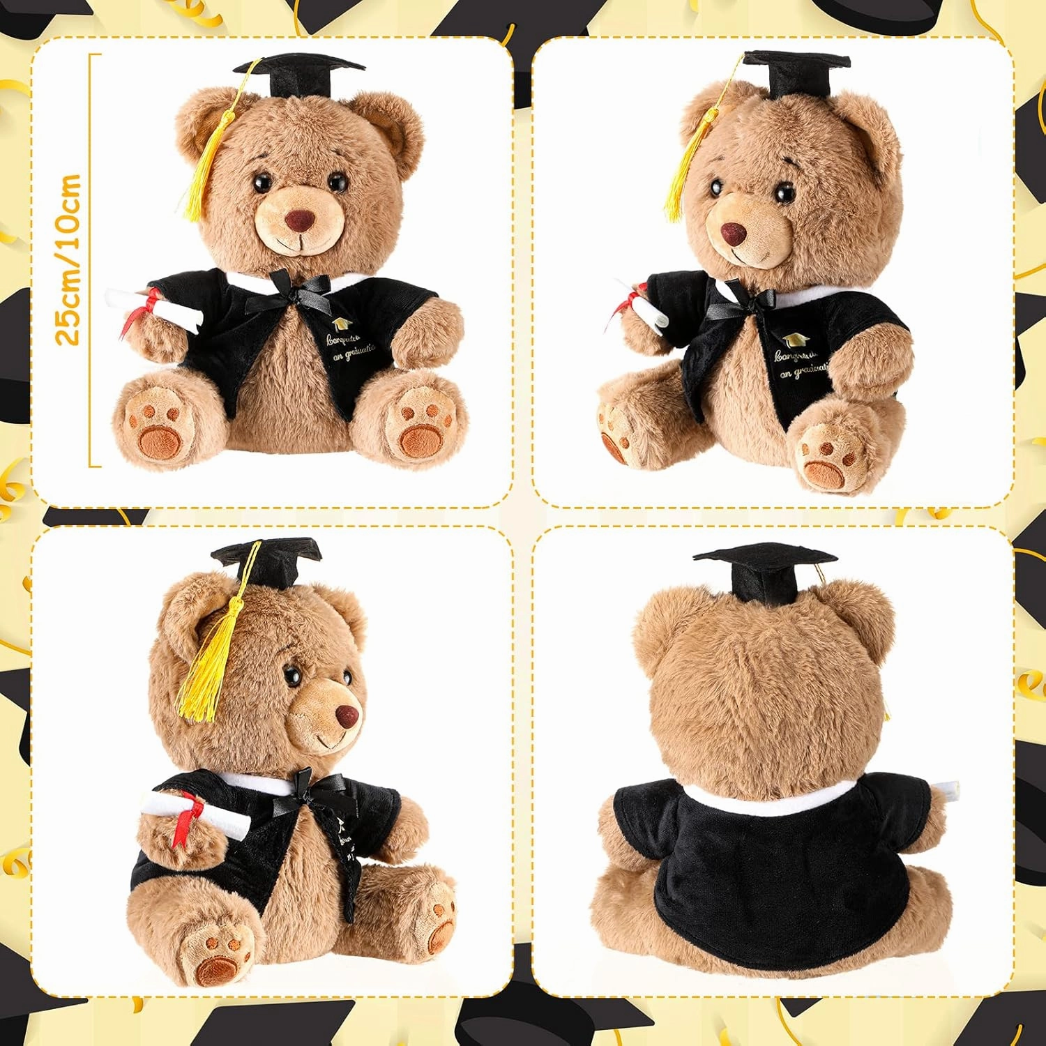 Deekin 10 Inch Graduation Bears Stuffed Animal Class of 2025 Plush Bear in Black Cap Graduation Bear Kindergarten Graduation Gifts Stuffed Bear Plush Bear Toy for Grad Party Decor(Black)
