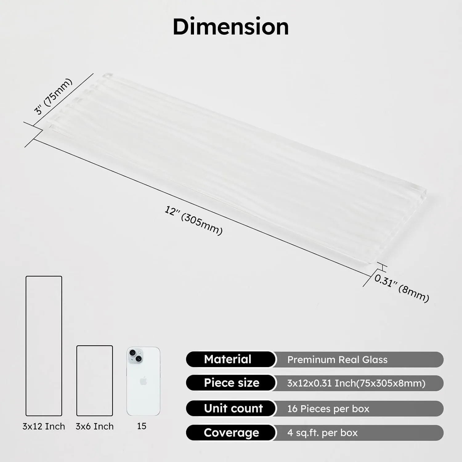 Diflart White Glass Subway Tile, 3x12 Inch, 4 Sq.Ft, Glass Backsplash Tile for Kitchen Shower Bathroom Wall, Pack-16 Pcs