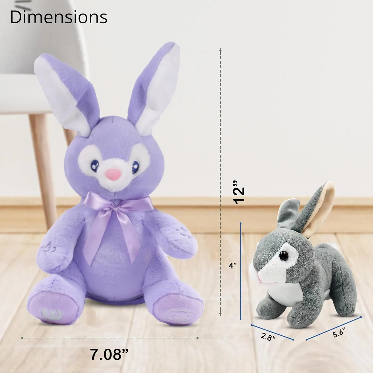 Dimple Bunny Set - Bella Animated Interactive Purple Bunny with Peek-a-Boo Feature and Singing Songs Plus Super-Soft Grey Baby Rabbit Plush - Perfect Baby Plush Toy Gift for Ages 0 and Up